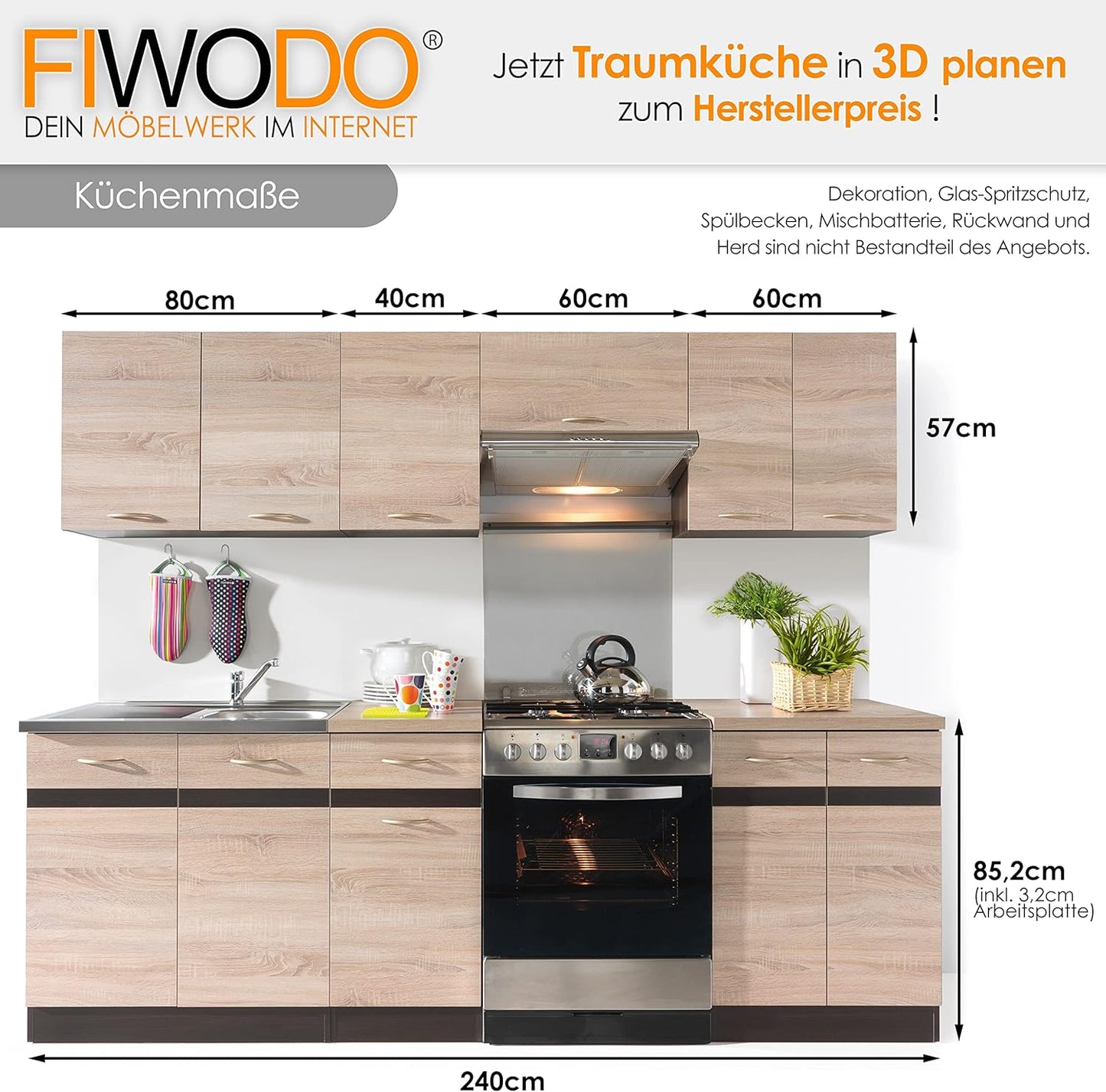 FIWODO Junona Line 240 Fitted Kitchen Set with Full-Extension Drawers Choice of 3 fronts 240 cm EICHE / EICHE