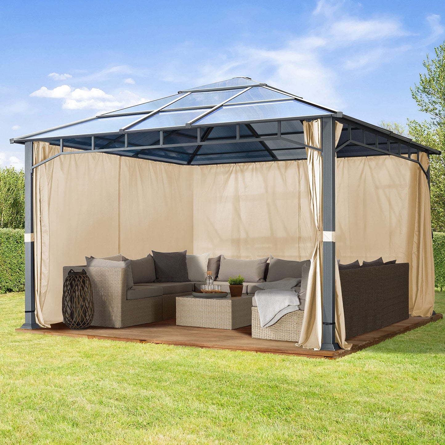 Toolport Garden Gazebo, 3 x 4 m, Waterproof, Aluminium, Deluxe, Polycarbonate Roof Approx. 8 mm, Gazebo with 4 Side Panels, Party Tent, Grey, 9 x 9 cm Profile