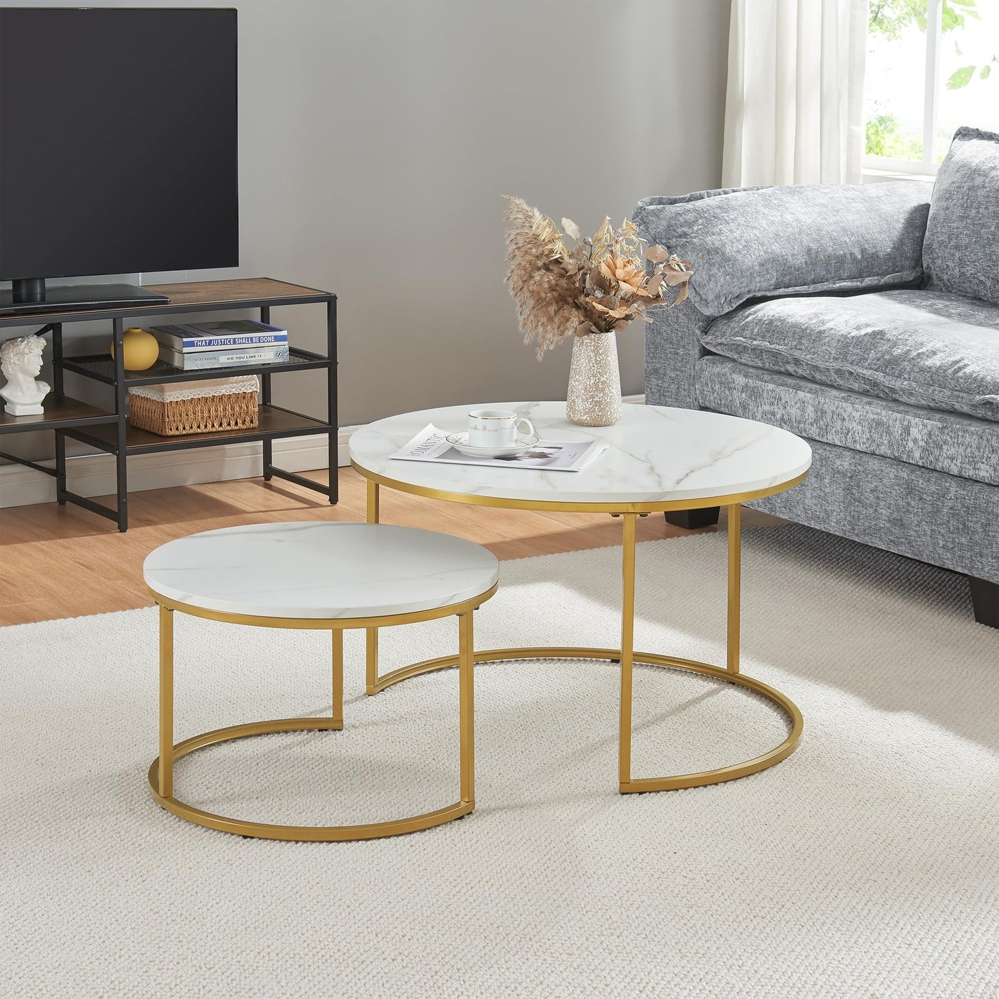 [en.casa] Christchurch Coffee Table, Set of 3, Round Sofa Table, Side Table with Metal Frame, Coffee Table, Marble Look, White/Gold