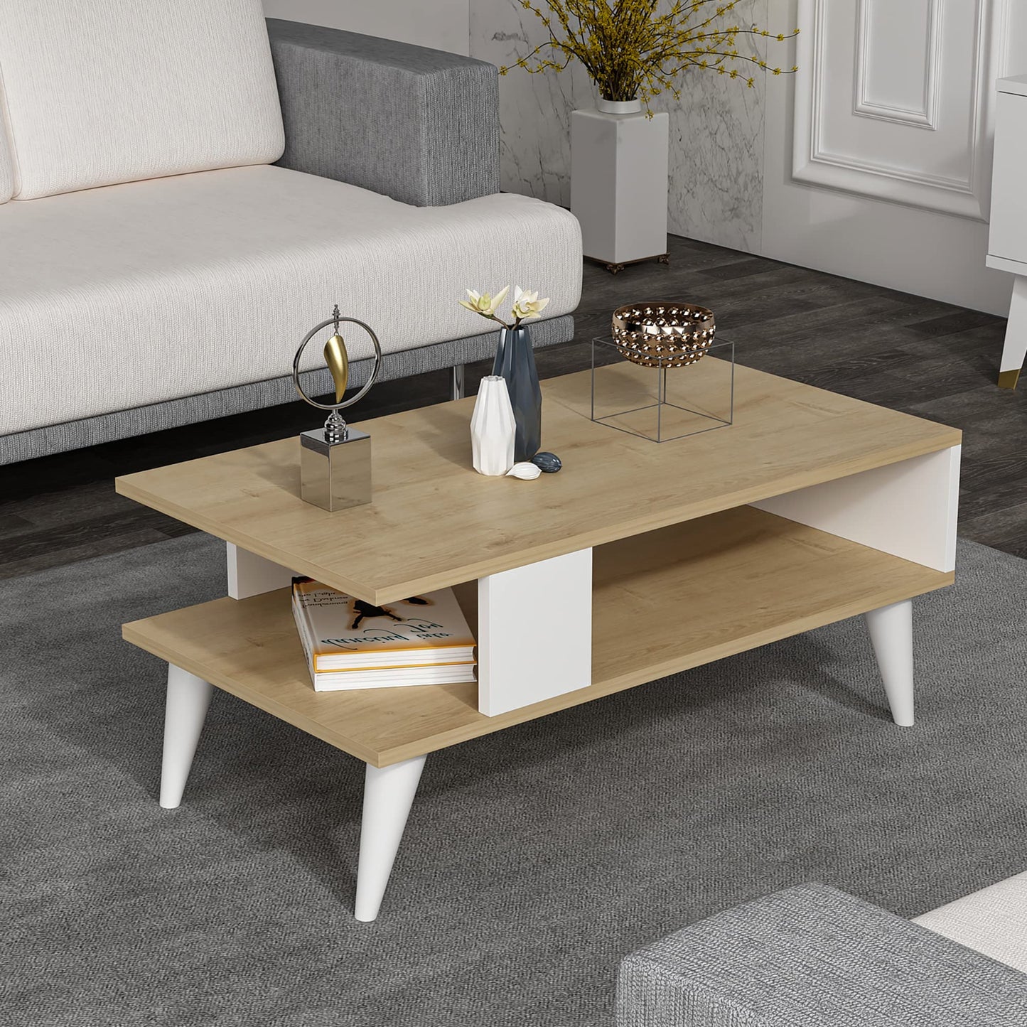 [en.casa] Lycksele Coffee Table Living Room Table with Storage Space Rectangular Black Marble Look White with Lower Shelf Sofa Table