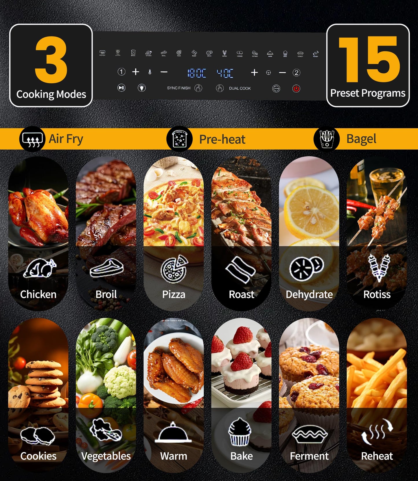 Dual Zone Hot Air Fryer, 23 L Hot Air Fryer, XXL Oven 1800 W with LED Touch Screen, 15 Programmes, with Recipe Book, 11 Accessories