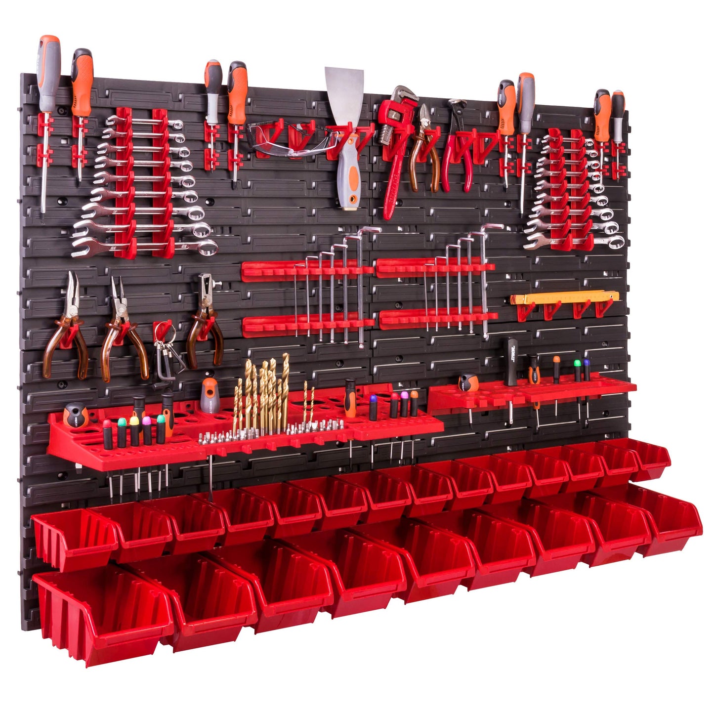 Storage System Wall Shelf 115 x 78 cm, Tool Holders, 23 Pieces Stacking Boxes Storage Boxes Extra Strong Wall Shelves Expandable Workshop Shelving Workshop Shelf