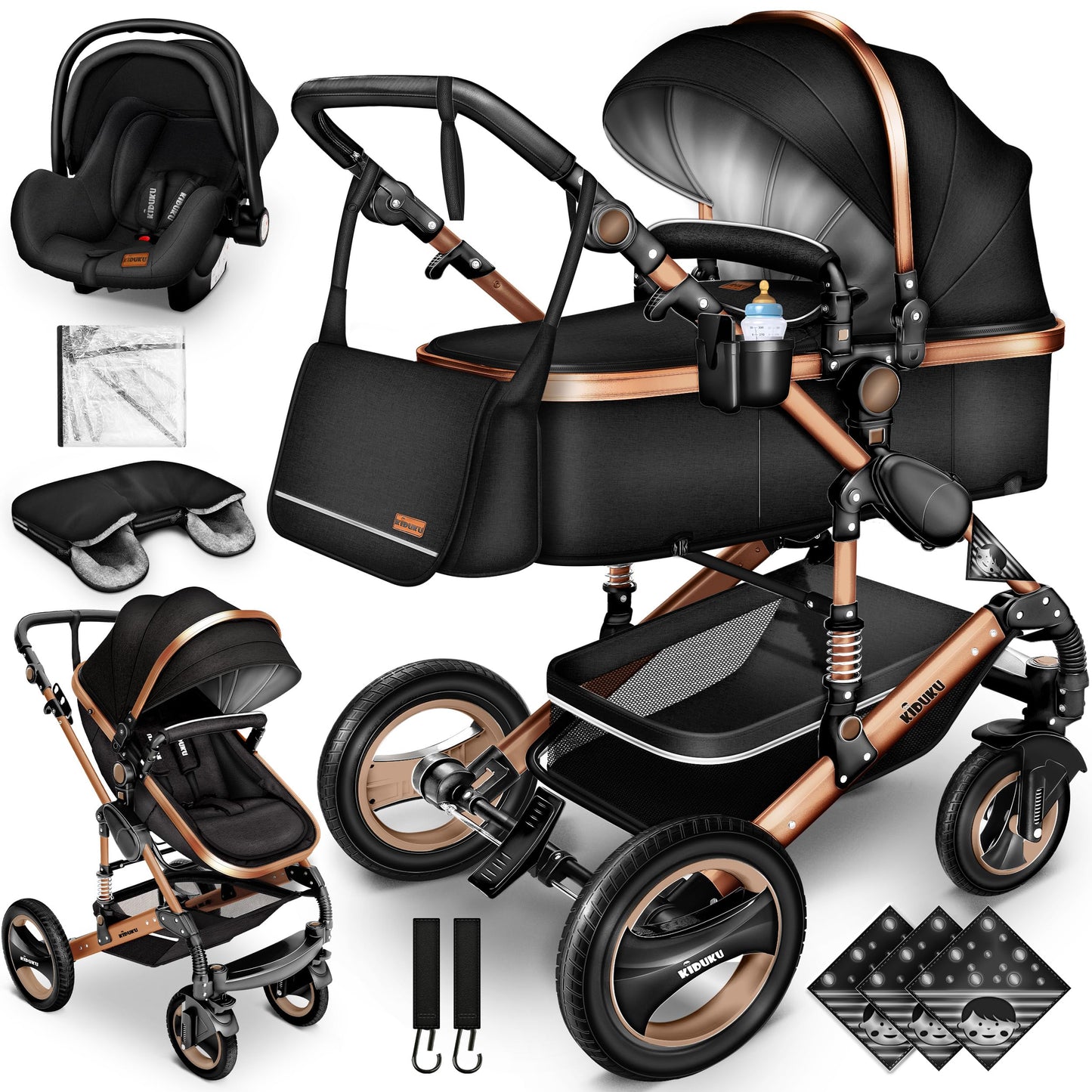 KIDUKU® 3-in-1 Complete Pram Set incl. Baby Carrycot, Buggy, Sports Seat & Car Seat, Footmuff, Solid Rubber Tyres, Changing Bag, Hand Warmer, Rain Cover, Children's Tray, ECE R129