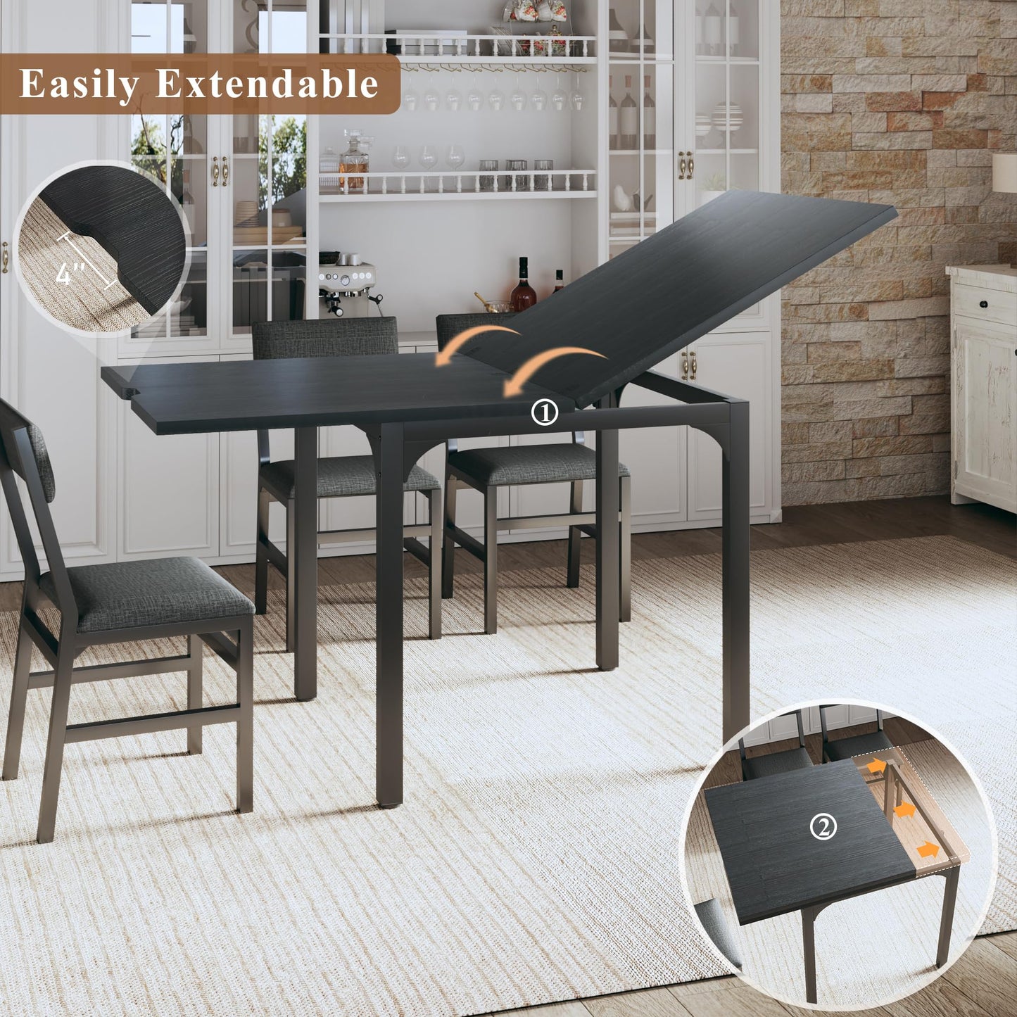7-Piece Dining Table Set for 4-6, Extendable Kitchen Table Cushion Chairs Set of 6 with 6 Chairs, Rectangle Dining Table with Metal Frame & MDF Board, Folding for Small Apartment Saving Space,Grey Oak