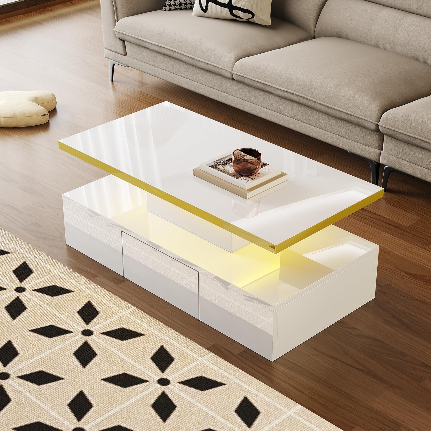 Merax High Gloss Coffee Table with LED, Modern Living Room Table with Storage Drawers, Multifunctional Side Table for Living Room, Rectangular Centre Table, Sofa Table, Coffee Table, Office, Black