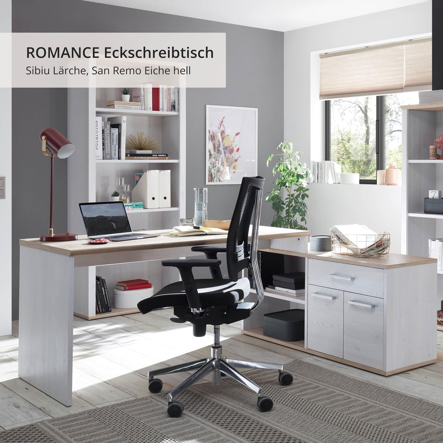 DEINE TANTE EMMA 39-015-D4 Romance Sibiu Larch White / Sanremo Oak Nb. Desk Angle Work Table Office Table Approx. 177 x 76 x 130 cm