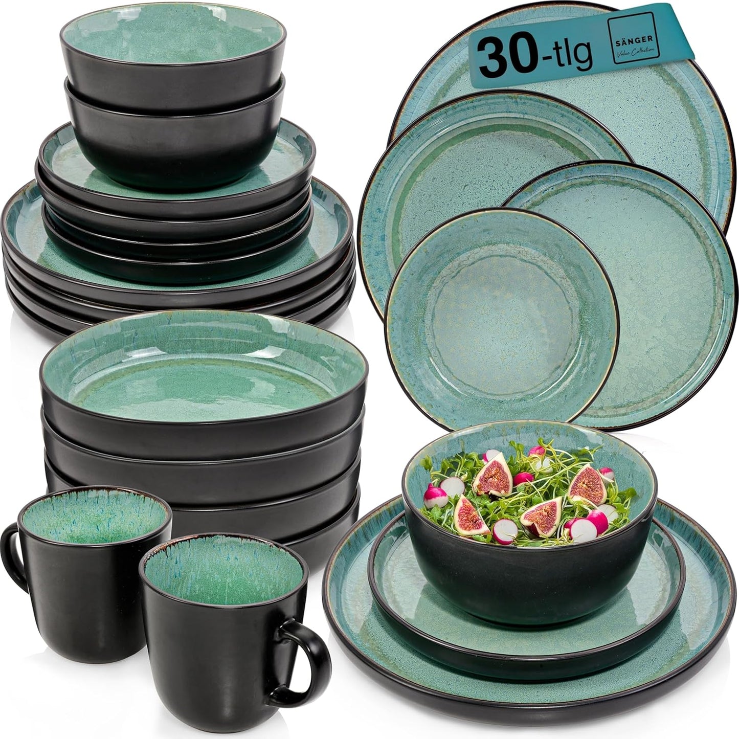 SÄNGER Manila Dinner Service for 6 People, Plate Set, Coffee Mug, Pasta Bowl, 30 Pieces, Stoneware Crockery Set, Dishwasher, Microwave, Scratch-Resistant, Blue with Black Rim, Value Collection