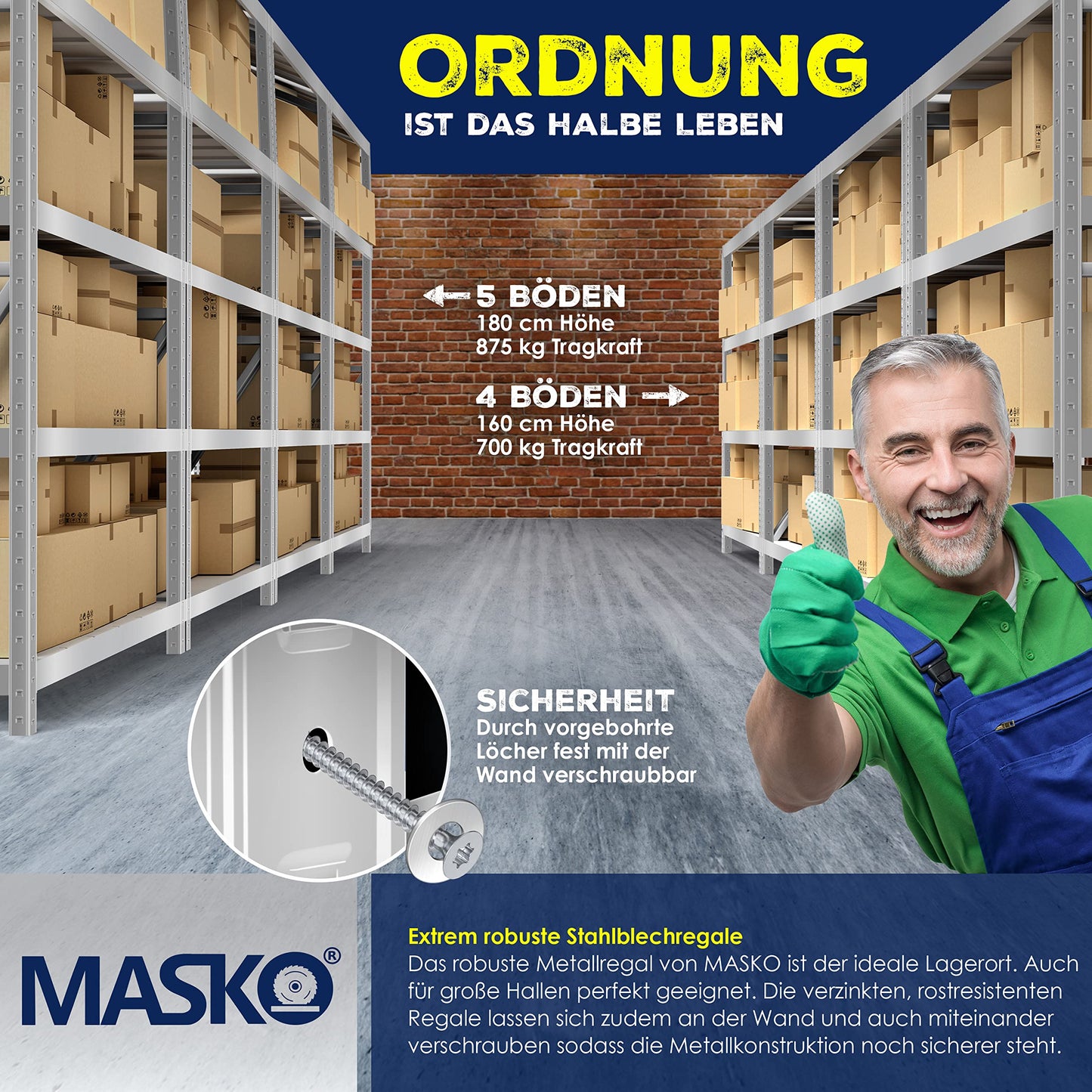 MASKO® Set of 2 Storage Shelves, Heavy Duty Shelves, Basement Shelves, 160 x 80 x 40 cm, Maximum Load 700 kg, 4 Adjustable Shelves, MDF Panels, Boltless Metal Shelf, Workshop, Basement, Garage, Black