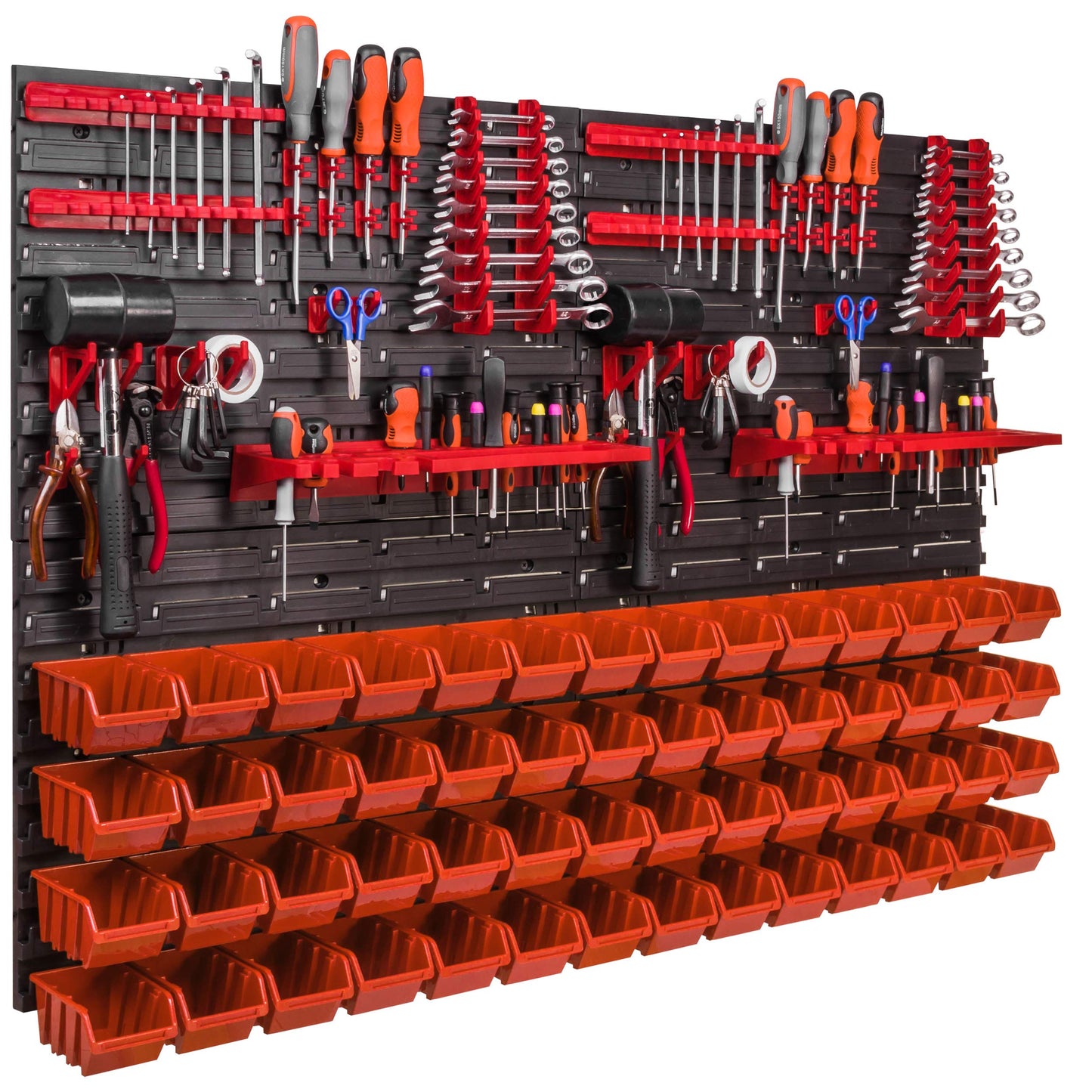Storage System Wall Shelf 115 x 78 cm, Tool Holders, Pack of 56 Stacking Boxes, Storage Boxes, Extra Strong Wall Plates, Shelf Expandable, Workshop Shelf, Storage Shelf, Workshop Wall Shelf