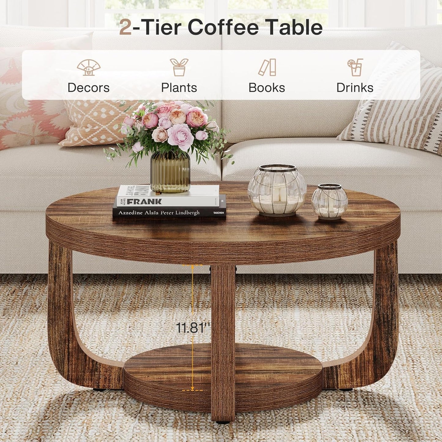 Tribesigns Round Coffee Table, 2-Tier Round Coffee Table with Storage Space, 80cm Modern Wooden Accent Table for Living Room, Thick Table Top and Base, Rustic Brown