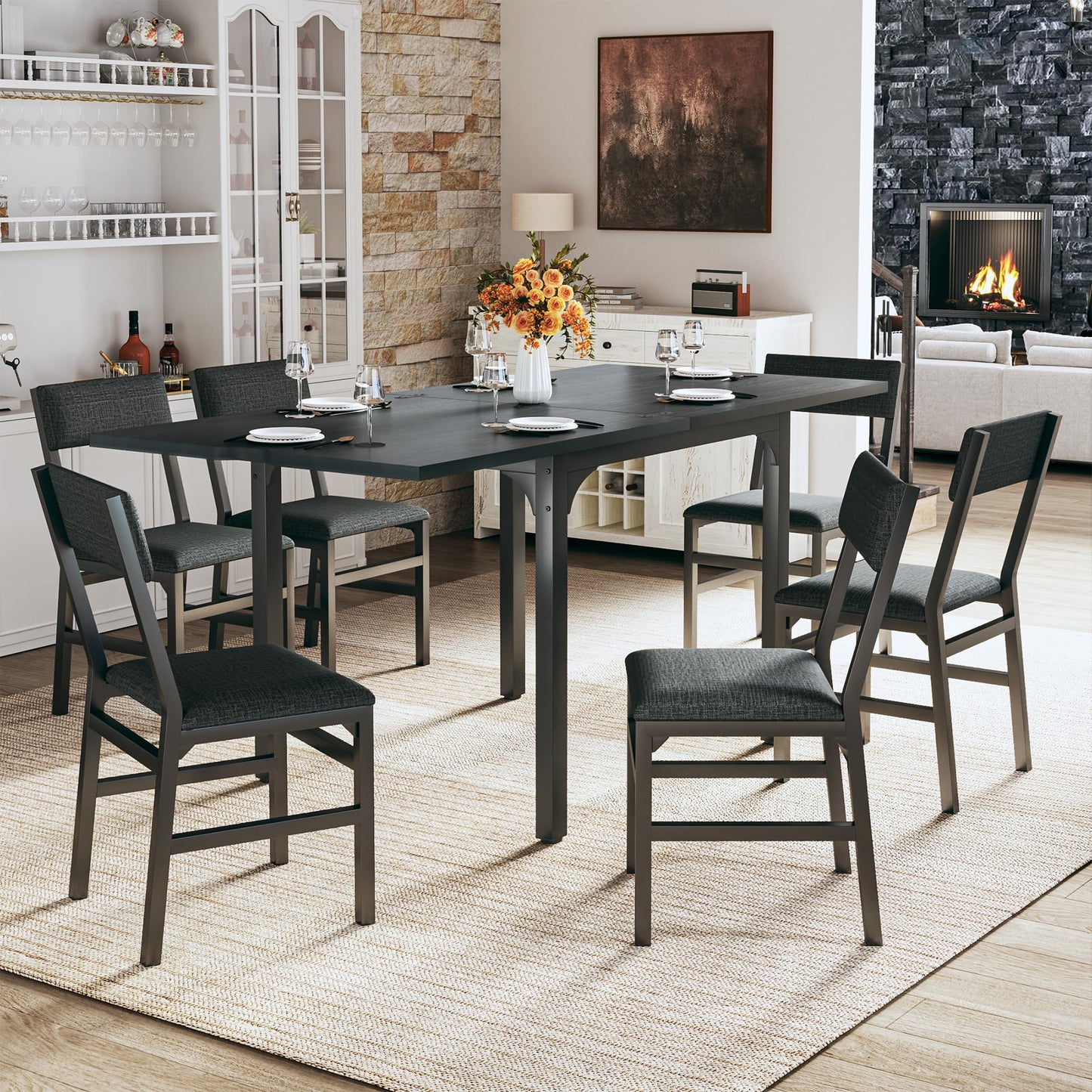 7-Piece Dining Table Set for 4-6, Extendable Kitchen Table Cushion Chairs Set of 6 with 6 Chairs, Rectangle Dining Table with Metal Frame & MDF Board, Folding for Small Apartment Saving Space,Grey Oak