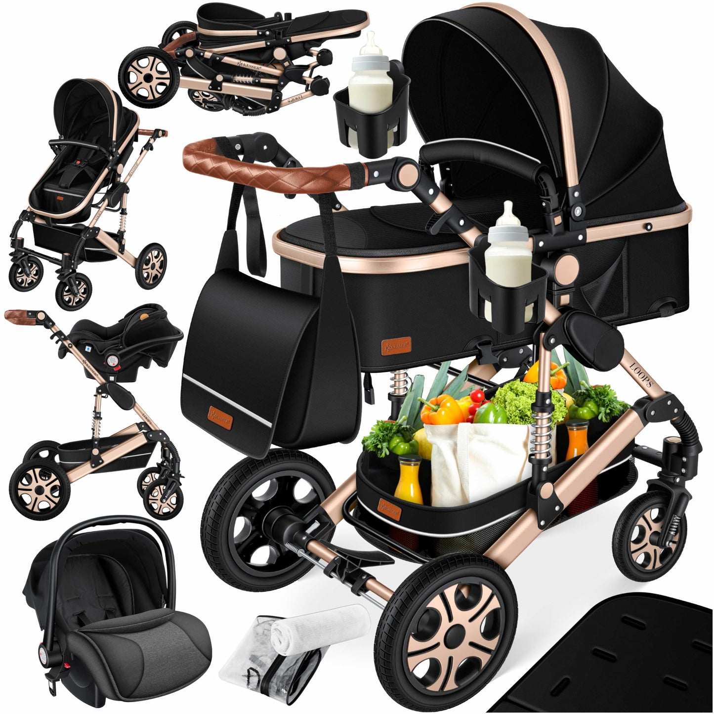 Kesser® Loops 3-in-1 Combination Pram, Complete Set Including Baby Tub & Buggy Sports Seat & Baby Car Seat, Full Rubber Tyres, Changing Bag / Rain Cover / Children's Table Set