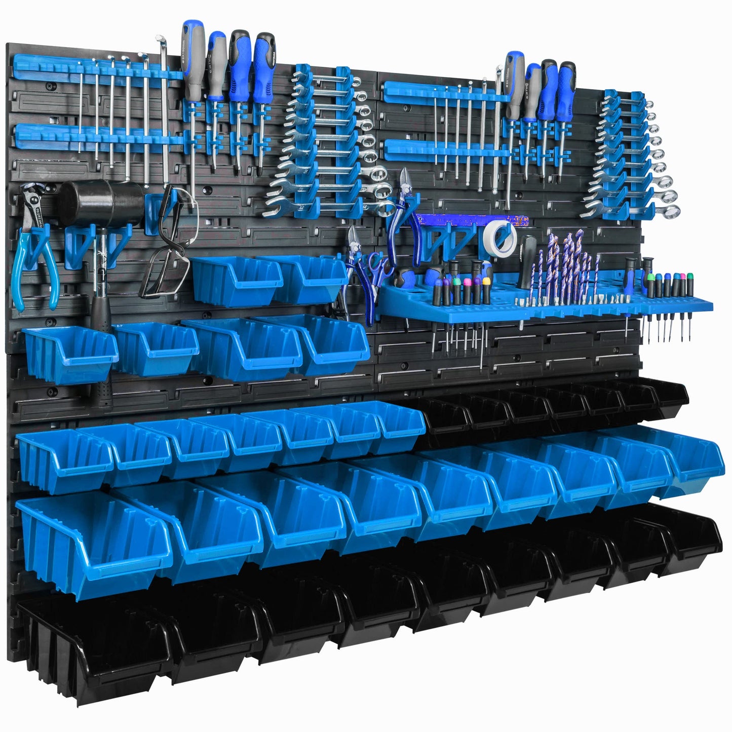 Storage System Wall Shelf 115 x 78 cm, Tool Holders, Pack of 56 Stacking Boxes, Storage Boxes, Extra Strong Wall Plates, Shelf Expandable, Workshop Shelf, Storage Shelf, Workshop Wall Shelf