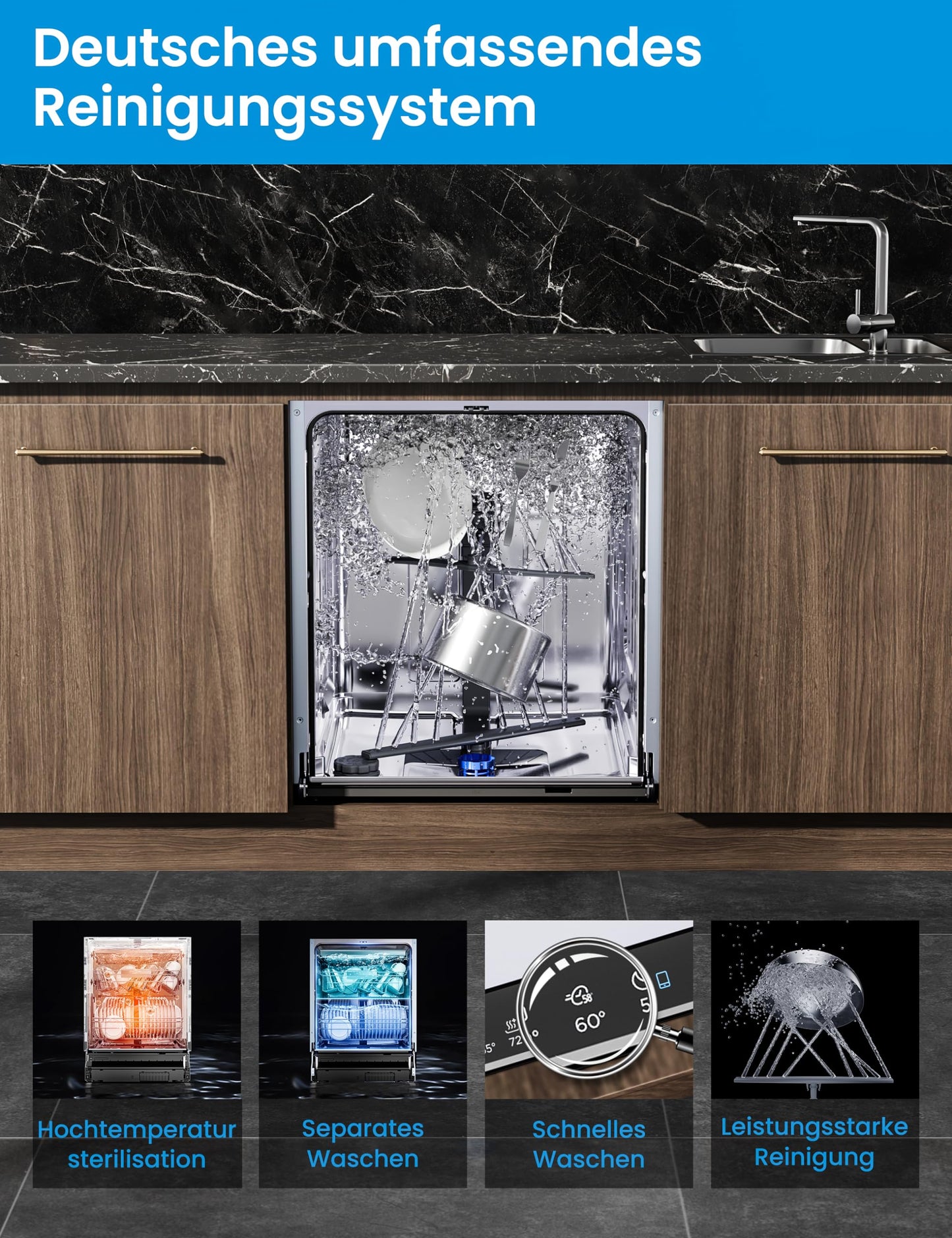 Midea SU 5.35X14CS Dishwasher Base, 14 MGD, Dishwasher 60 cm, Home Connect, Hygiene Care+, Machine Care +, Extra Drying, Half Load, 44 db, Start Delay, Stainless Steel