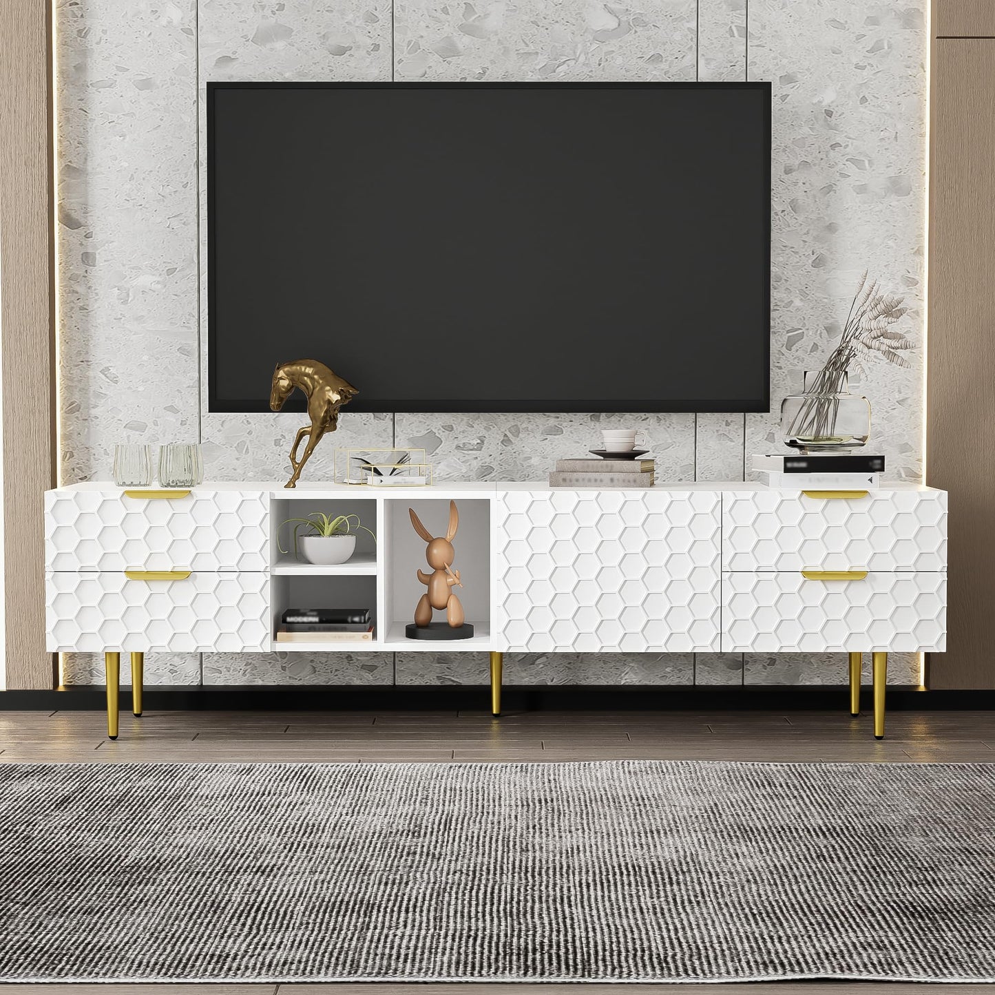 170 cm TV Cabinet with Textured Doors, TV Board with 4 Drawers, TV Cabinet with Oven Compartments, TV Cabinet for Living Room, TV Lowboard, Golden Handles and Feet, White