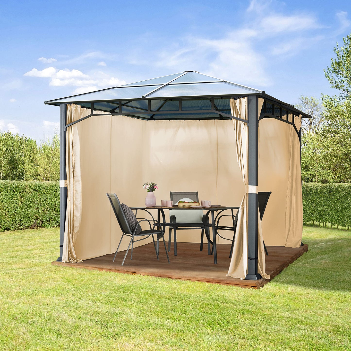 Toolport Garden Gazebo, 3 x 4 m, Waterproof, Aluminium, Deluxe, Polycarbonate Roof Approx. 8 mm, Gazebo with 4 Side Panels, Party Tent, Grey, 9 x 9 cm Profile