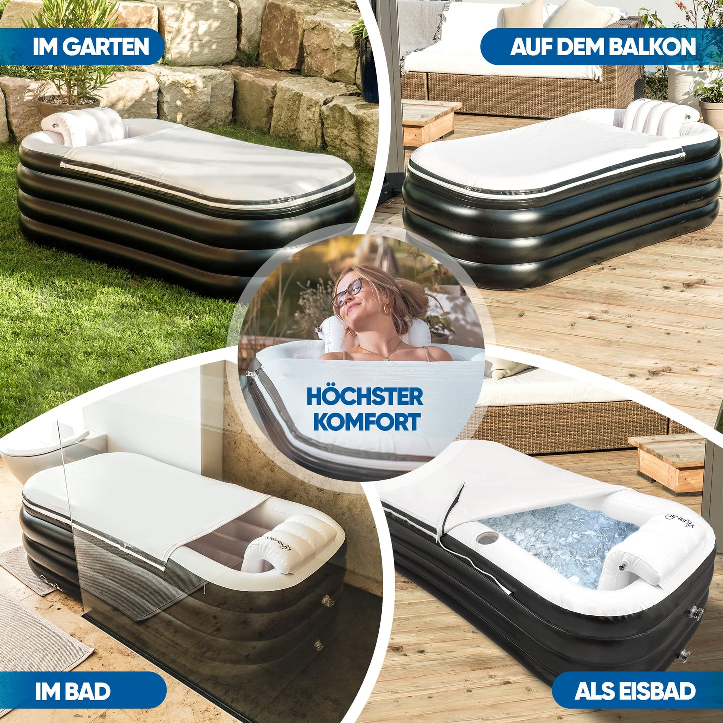 TIMELAX® Inflatable Bathtub XL [Ergonomic Backrest] 0.5 mm Thick PVC | BPA Free Inflatable Foldable Mobile Freestanding Bath for Adults and Shower