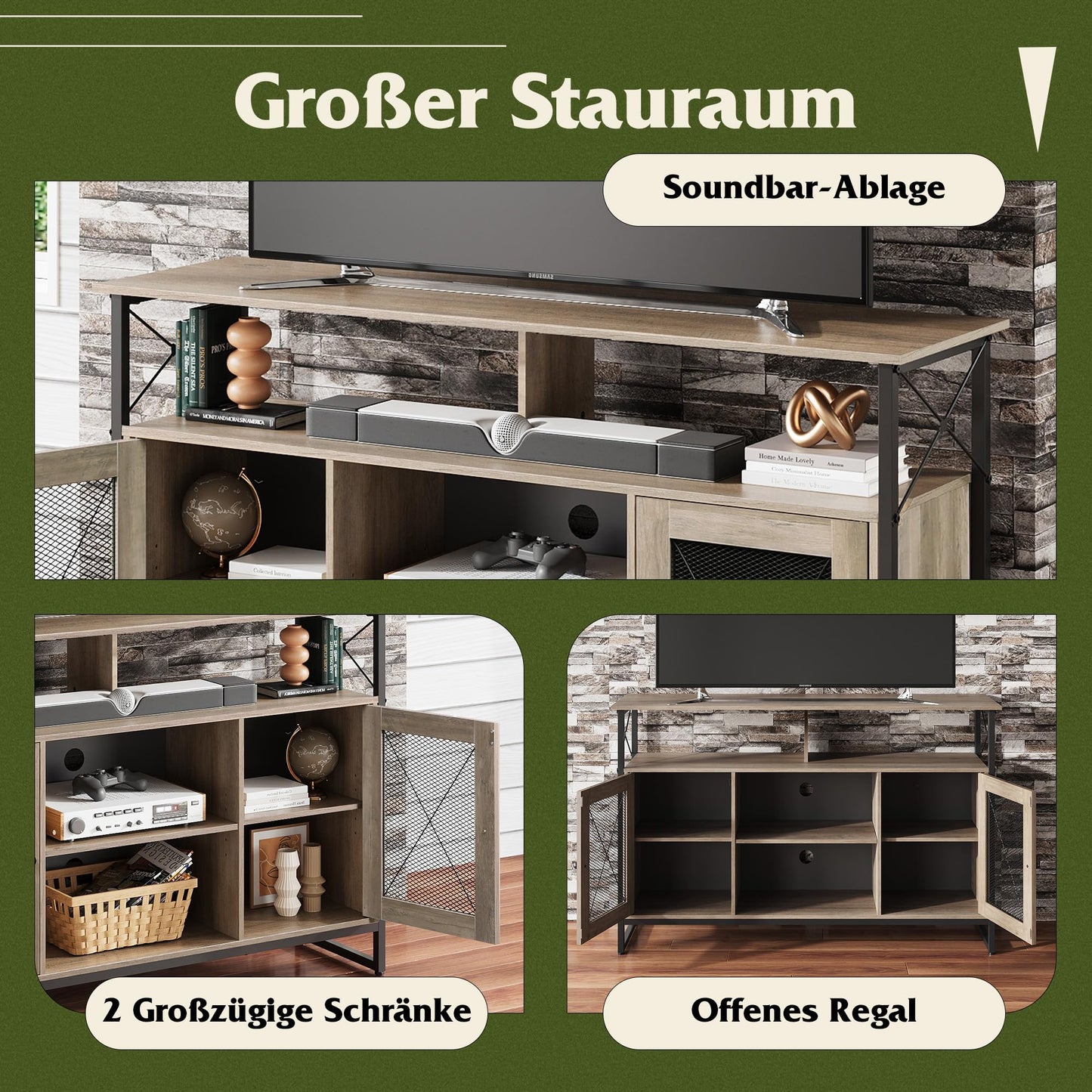 WLIVE Cabinet TV Schrank für Fernseher bis zu 55 Zoll, 128 × 36 × 82 cm Hoch TV Borad Fernsehschrank mit Verstellbaren Ablagen, Fernsehtisch mit Zwei Schränken, TV Tisch für Wohnzimmer
