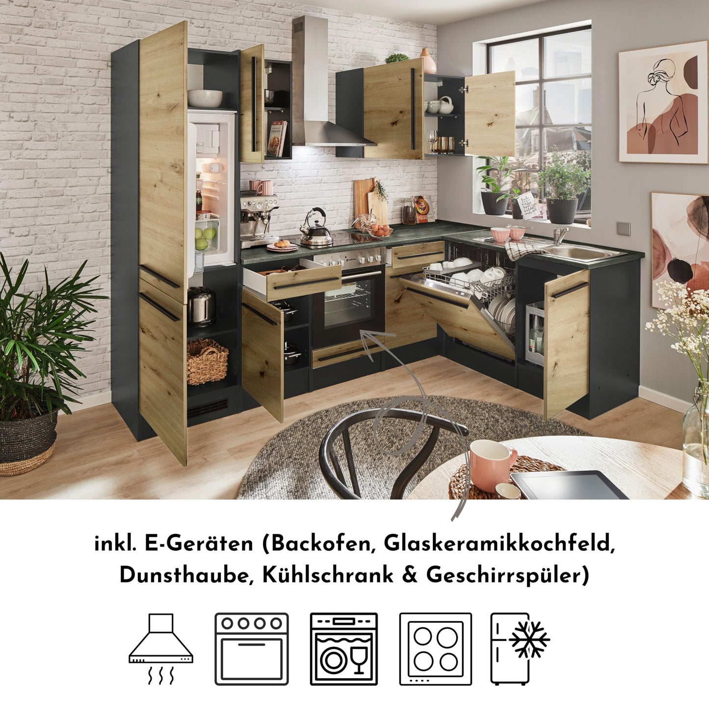 Jazz 8 Modern Corner Kitchen without Electrical Appliances in White High Gloss, Metallic Grey - Spacious Kitchen Unit in L-Shaped with Lots of Storage Space - 220 x 211 x 60 cm (W x H x D)