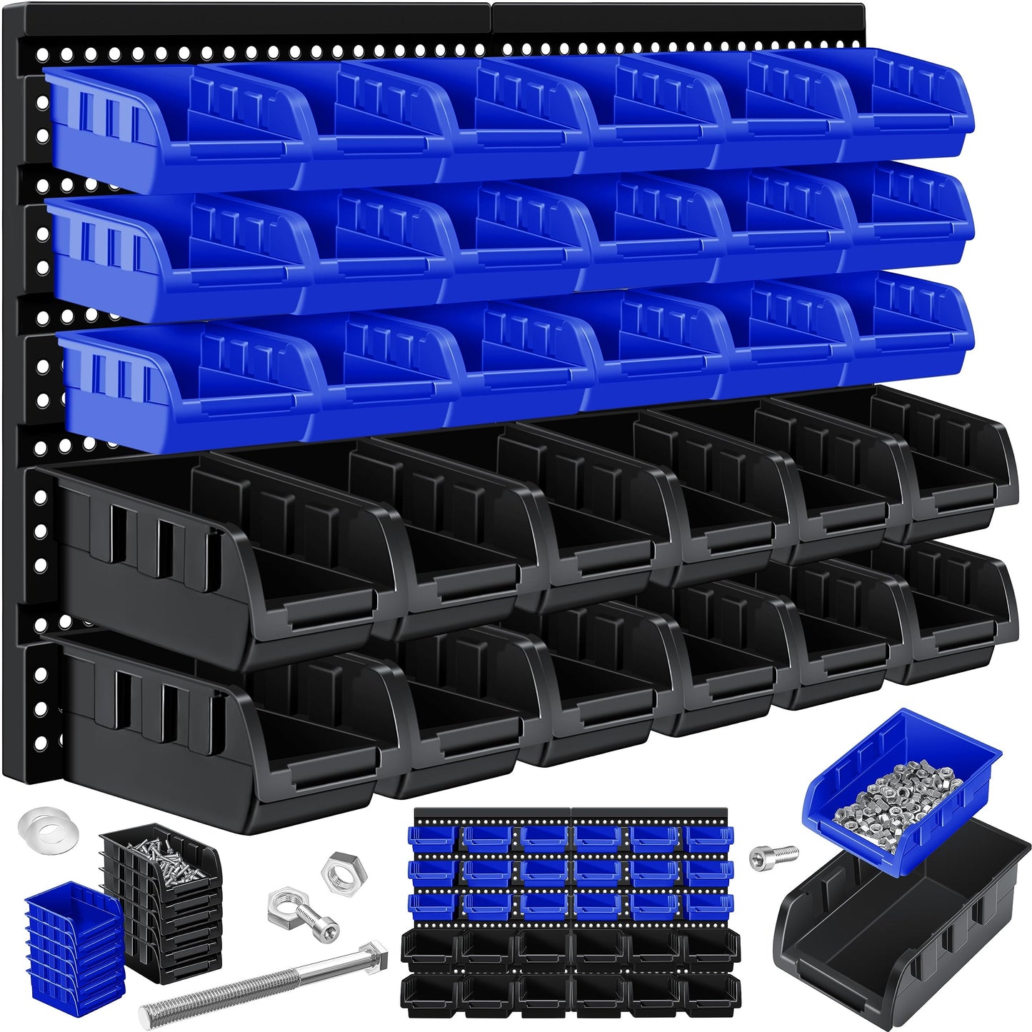 MASKO® Stacking Boxes, Wall Shelf, Tool Holder, 45-Piece Set, Expandable Storage Boxes, Storage Shelves, Boltless Hanging Shelf, Assortment Box, Small Parts Magazine Workshop Shelf, Black/Blue
