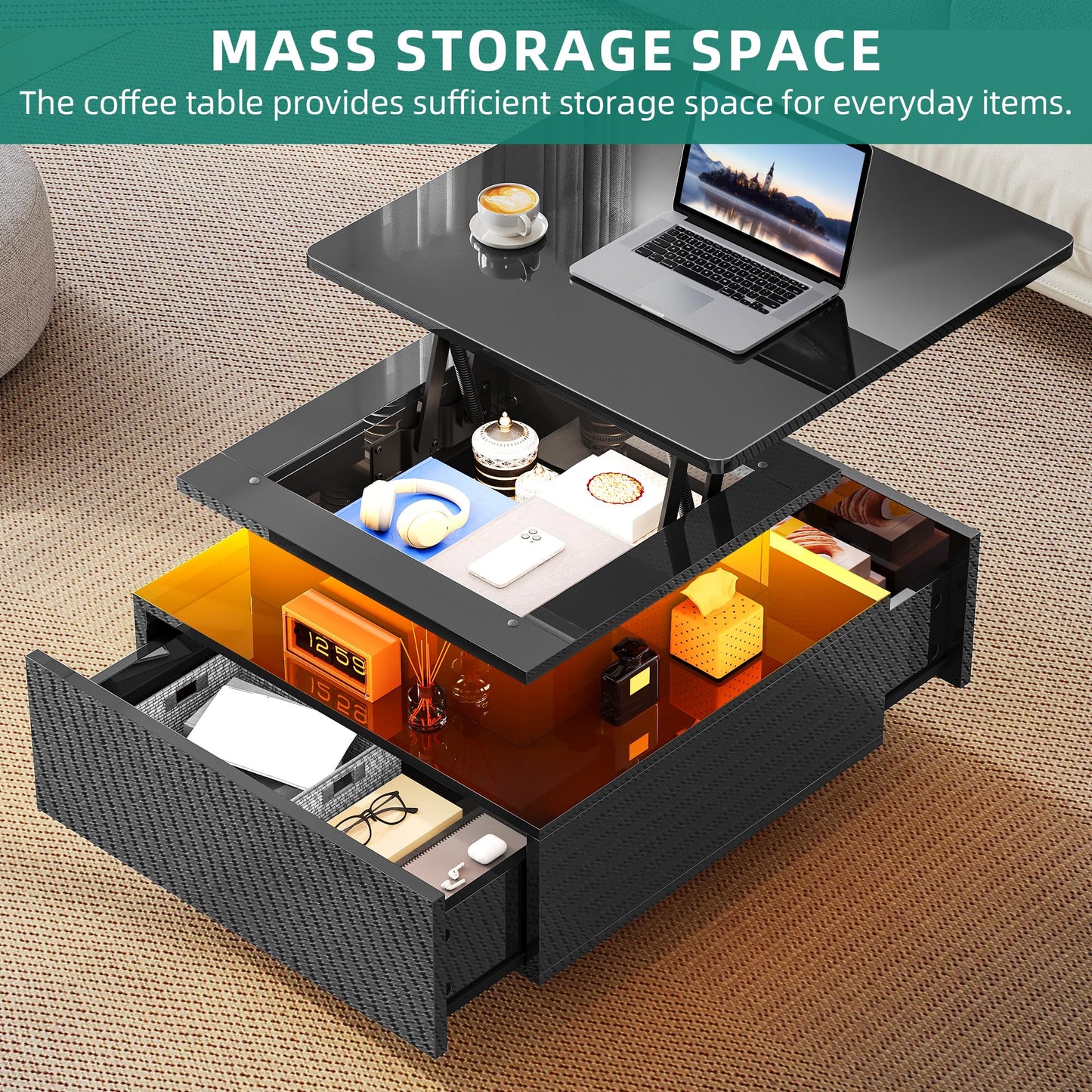 YITAHOME Coffee Table Height Adjustable with LED Lighting Modern 60 x 60 x 45 cm Living Room Table High Gloss with Open Display Shelf and 2 Drawers