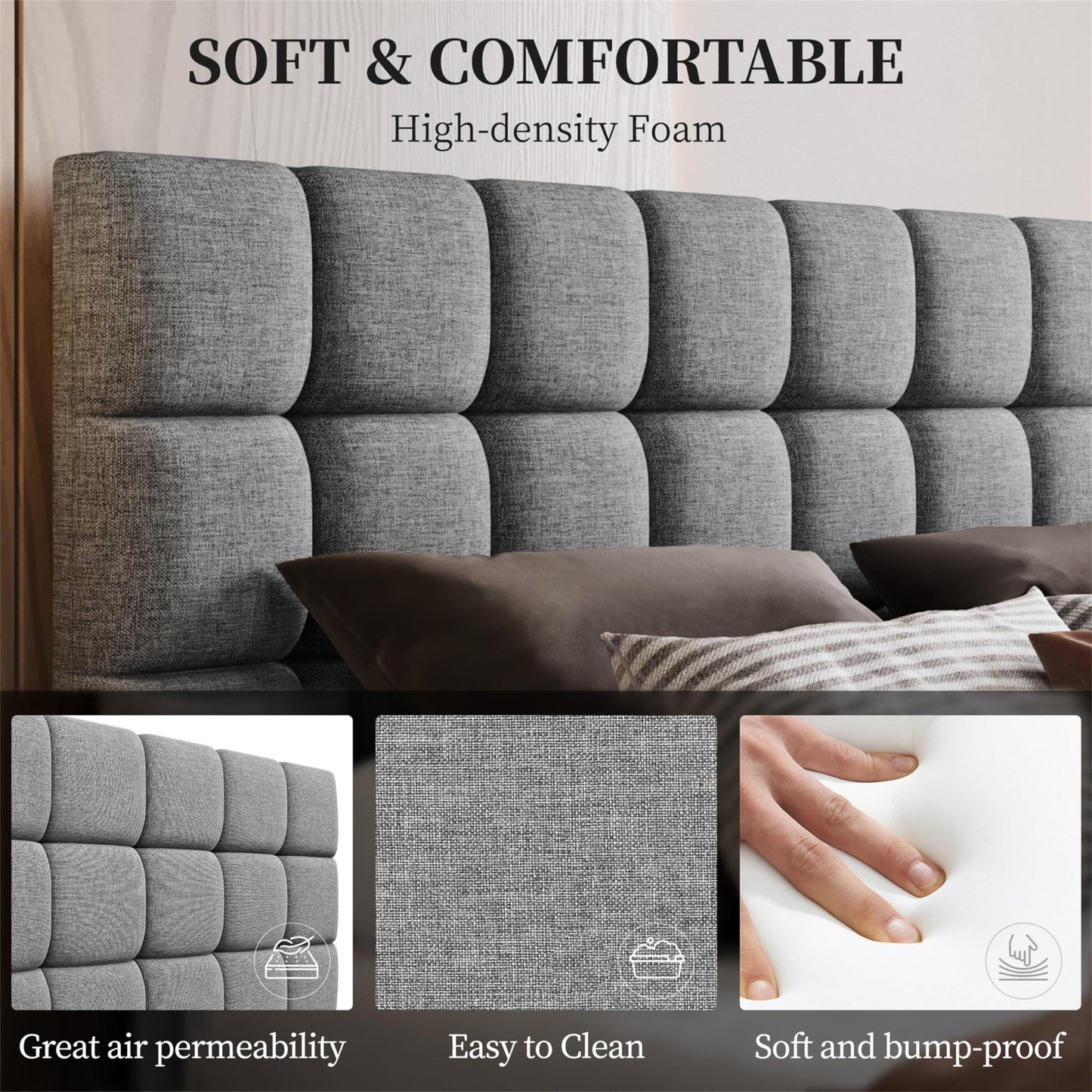 Yaheetech Upholstered Bed 140 x 200 cm Double Bed with Height-Adjustable Headboard, Sturdy Bed Frame, Fabric Bed with Slatted Frame, Padded Bed Frame, Youth Bed, Dark Grey