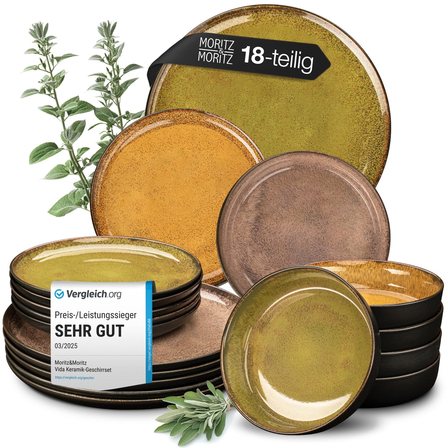 Moritz & Moritz Vida 18-Piece Crockery Set for 6 People, Elegant Plate Set Made of High-Quality Porcelain, Crockery Consisting of 6 x Dinner Plates, 6 x Dessert Plates, 6 x Soup Plates