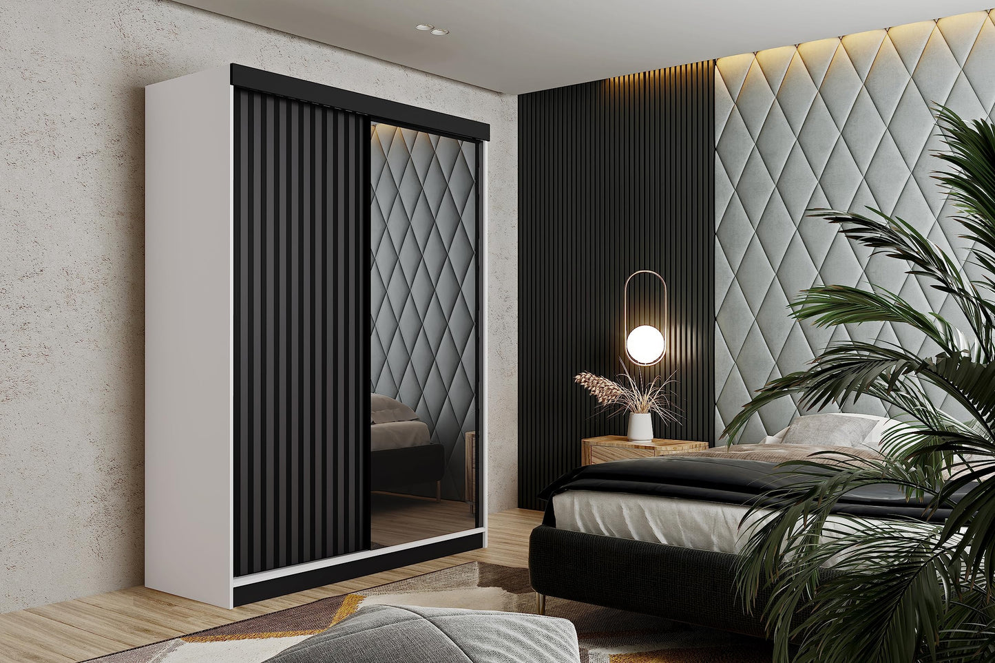 KIER FURNITURE Mehrzweckschrank Malani 200 Schiebetürenschrank - Eleganter Kleiderschrank Schrank Garderobe Spiegel - Wohnzimmerschrank Schiebetüren - Graphit Anthrazit 200x205x59 cm