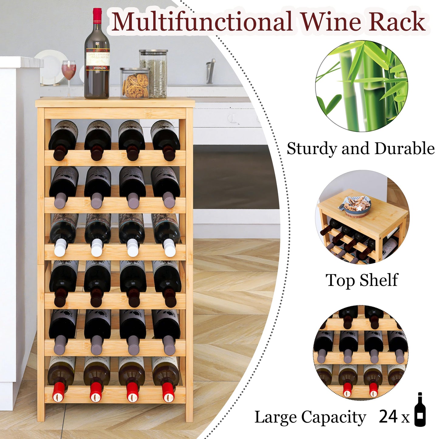 24 Bottle Wine Rack Freestanding Base, 6 Tier Wine Display Storage Shelves with Table Top, Bamboo Wine Bottle Holder Stand with Wave Bars for Kitchen, Dining Room, Pantry, Black