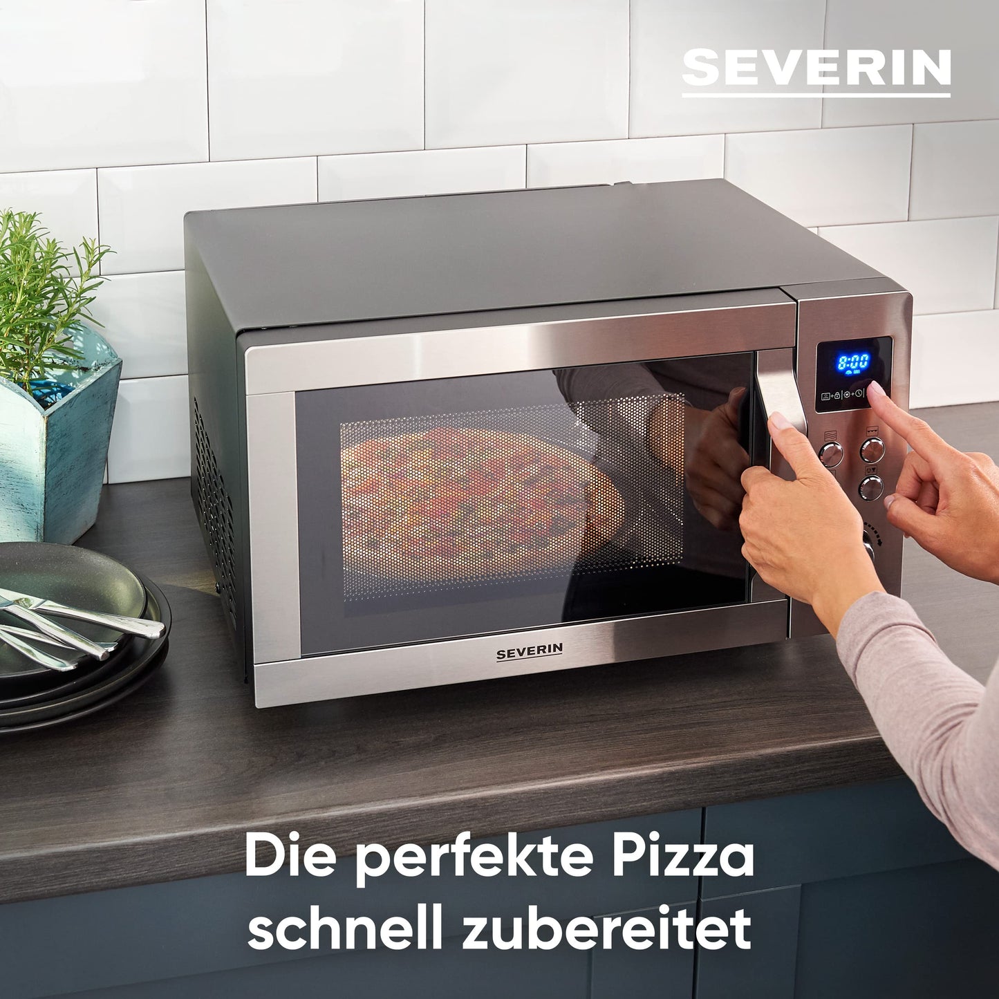 SEVERIN MW 7774 Microwave with Grill and Hot Air Function 3-in-1 for Defrosting, Cooking and Heating, Microwave with Turntable, Brushed Stainless Steel/Silver