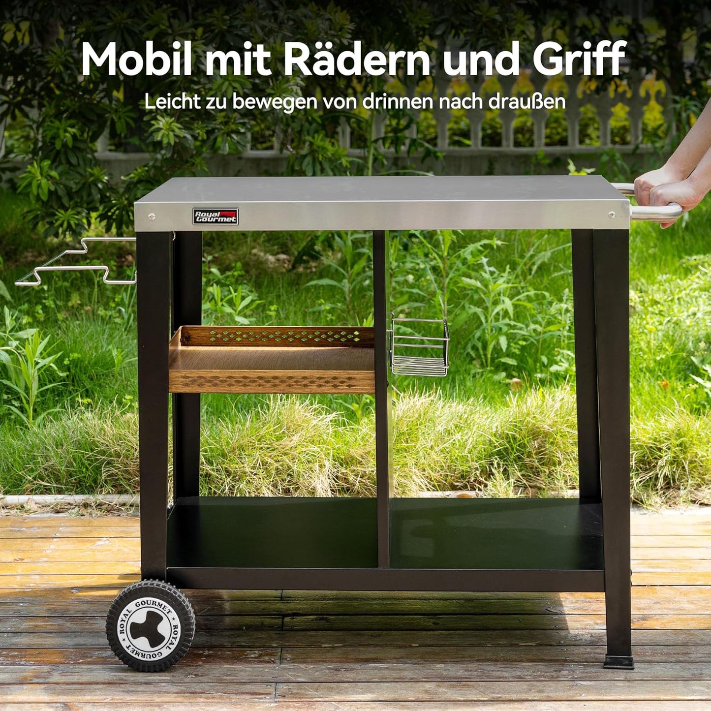 Royal Gourmet Grill Table with 85 x 50 cm Stainless Steel Plate, 3 Tier Grill Trolley for Table Grill and Pizza Ovens, Trolley with Handles, Bin Bag Holder & Storage Shelves, Easy to Clean and Movable