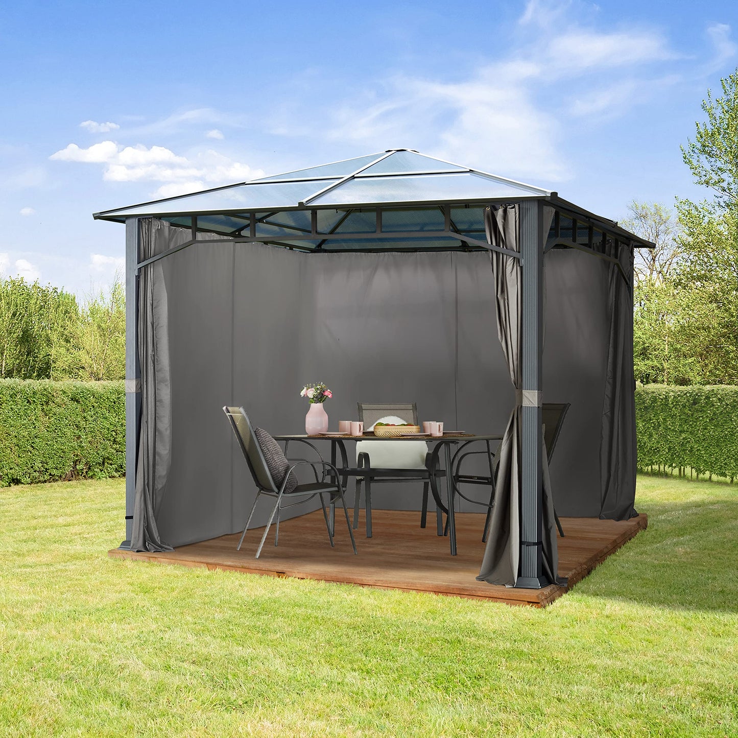 Toolport Garden Gazebo, 3 x 4 m, Waterproof, Aluminium, Deluxe, Polycarbonate Roof Approx. 8 mm, Gazebo with 4 Side Panels, Party Tent, Grey, 9 x 9 cm Profile