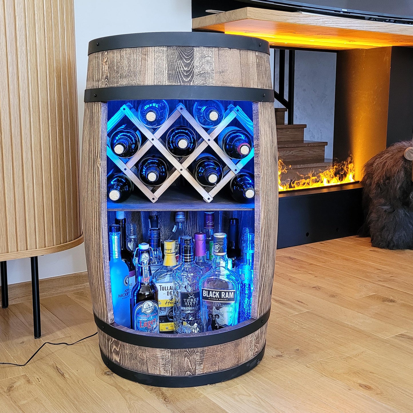 weeco Wooden Barrel with Wine Holder RGB LED Lighting - Wine Rack - Rustic Decorative Bar Cabinet Wine Stand - Draught Beer, Whisky Bar Bottle Stand. Home Bar Gift for Men (Dark Brown)