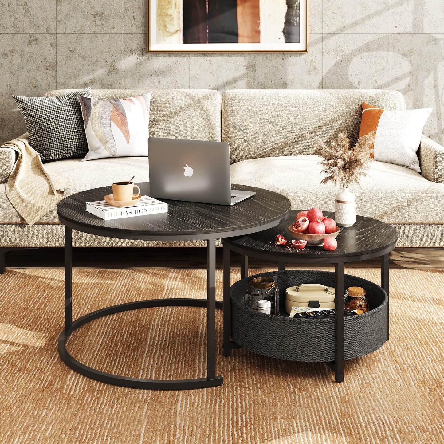 WLIVE Round Coffee Table, Set of 2, Modern Living Room Table, Round, Side Table with Fabric Basket, 80 cm Diameter Couch Table for Bedroom, Home Office (Grey Oak)