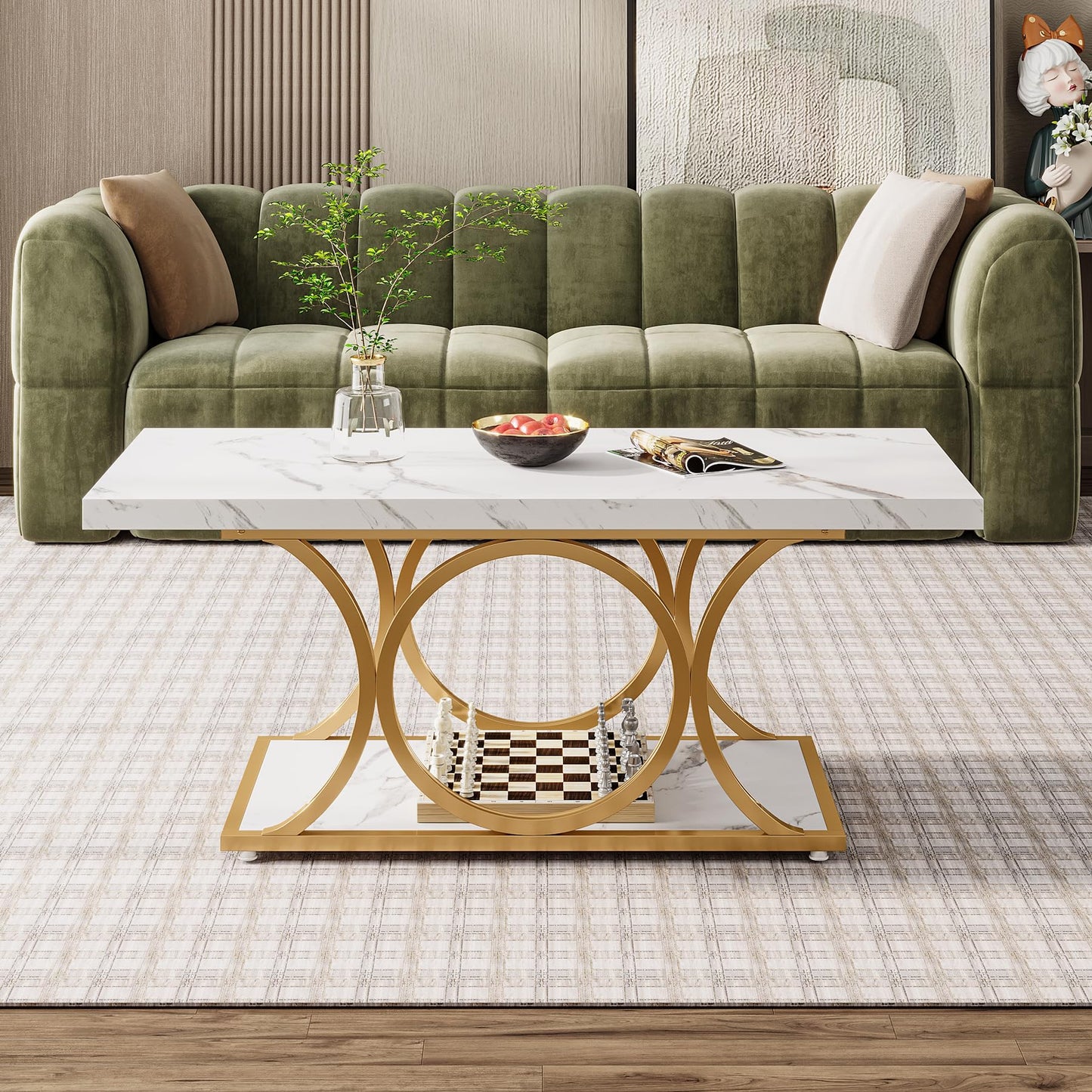 Tribesigns Rectangular Coffee Table, 120 cm Modern Living Room Table, 2-Tier Faux Marble Coffee Table with Geometric Legs, Furniture with Storage Compartment (Black and Gold)