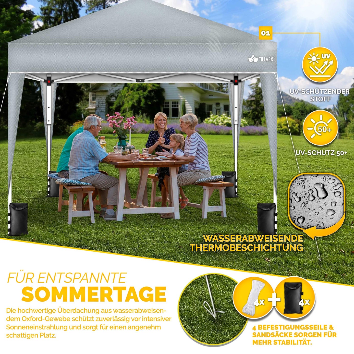 tillvex Gazebo 3 x 3 m Waterproof with 4 Side Panels + Set of 4 Sandbags Pop-Up Folding Gazebo Stable & Height Adjustable Garden Tent UV Protection 50+ Party Tent with Bag for Garden, Grey