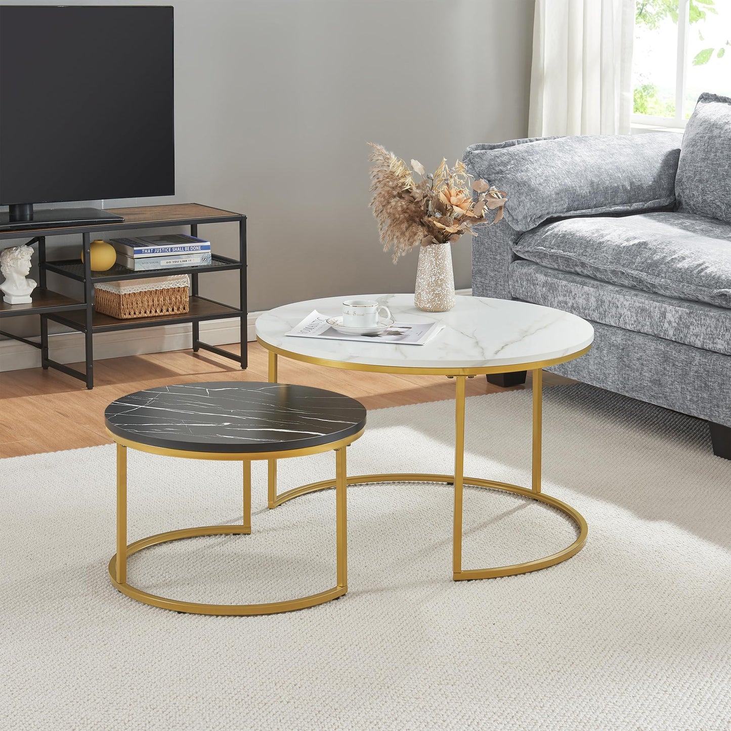 [en.casa] Christchurch Coffee Table, Set of 3, Round Sofa Table, Side Table with Metal Frame, Coffee Table, Marble Look, White/Gold