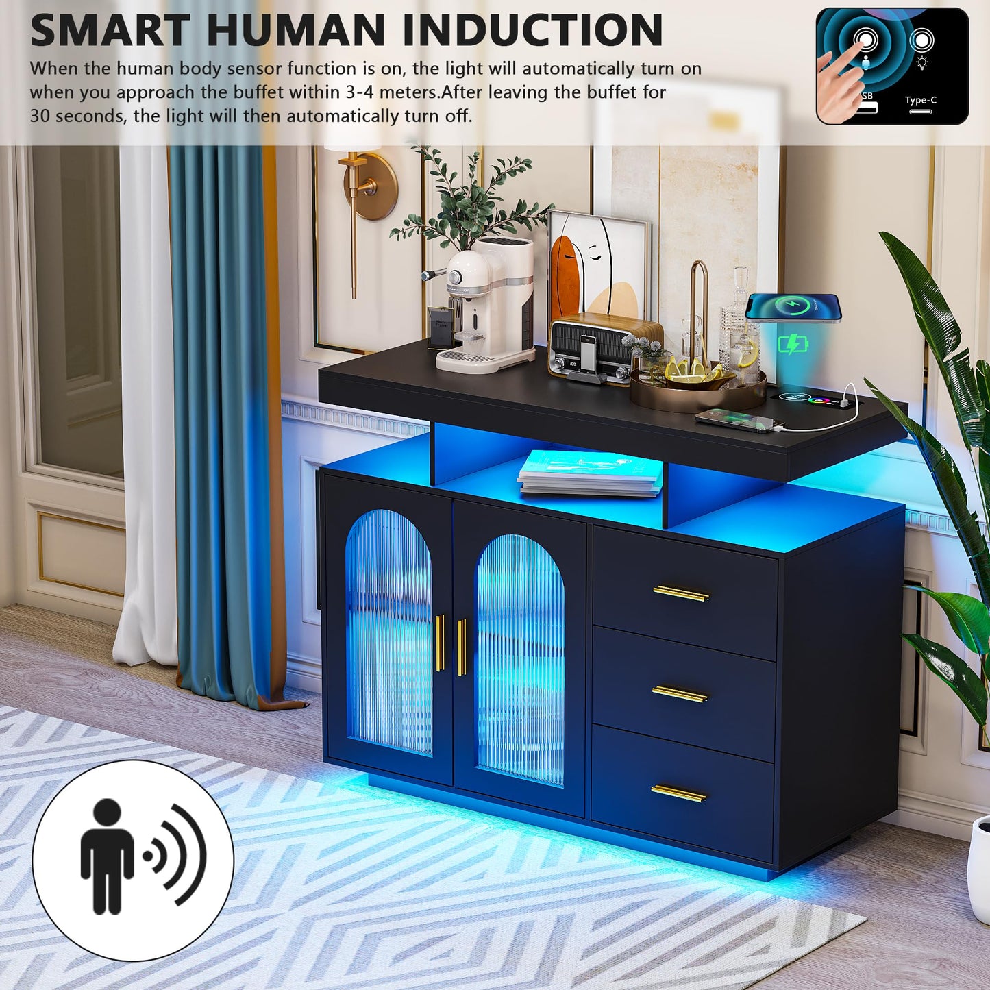 Lvifur Buffet Cabinet, Sideboard, White, Storage Cabinet with Wireless Charging Station, Automatic Sensor, RGB 20 Colours, Dimmable Sideboard, Intelligent Sensors, Chest of Drawers, Living Room, Black