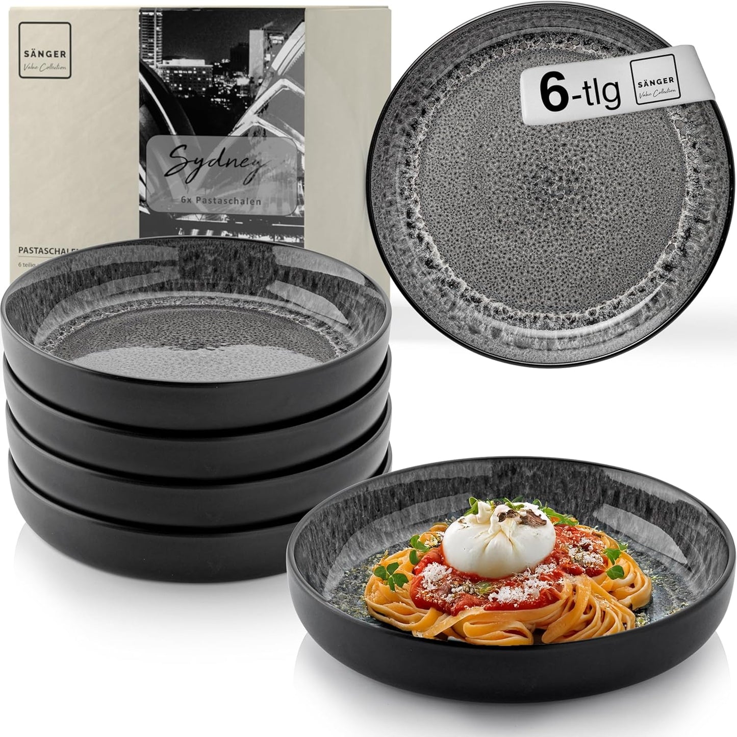 SÄNGER Manila Dinner Service for 6 People, Plate Set, Coffee Mug, Pasta Bowl, 30 Pieces, Stoneware Crockery Set, Dishwasher, Microwave, Scratch-Resistant, Blue with Black Rim, Value Collection