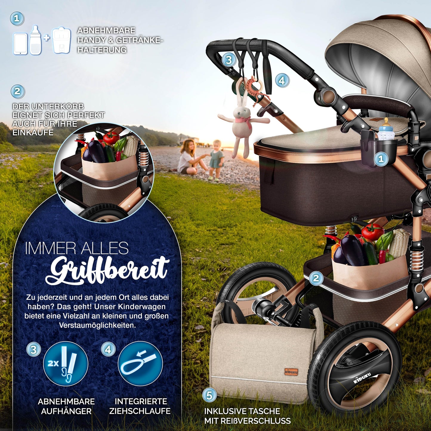 KIDUKU® 3-in-1 Complete Pram Set incl. Baby Carrycot, Buggy, Sports Seat & Car Seat, Footmuff, Solid Rubber Tyres, Changing Bag, Hand Warmer, Rain Cover, Children's Tray, ECE R129