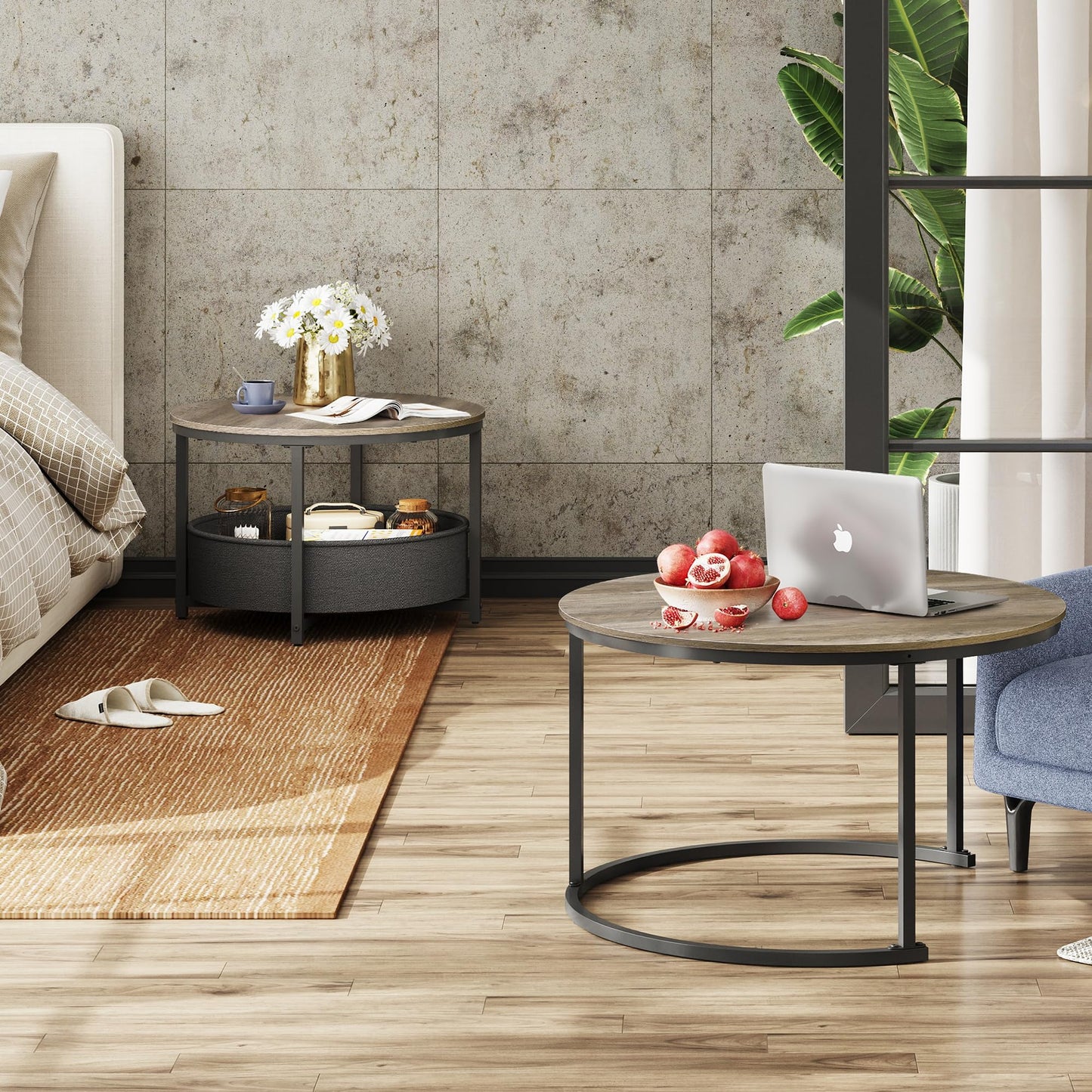 WLIVE Round Coffee Table, Set of 2, Modern Living Room Table, Round, Side Table with Fabric Basket, 80 cm Diameter Couch Table for Bedroom, Home Office (Grey Oak)
