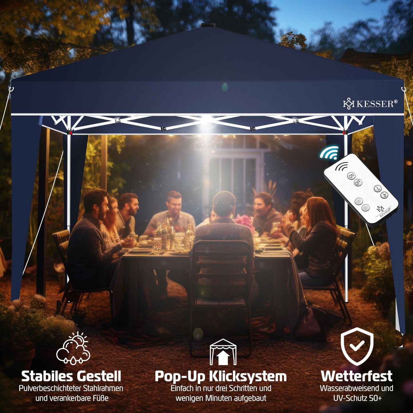 KESSER® Folding Gazebo 3 x 3 m with LED Lighting, Pop-Up Garden Gazebo, Height Adjustable, Stable, Waterproof, Winterproof, Party Tent, Marquee, UV Protection 50+, Includes Remote Control and Bag