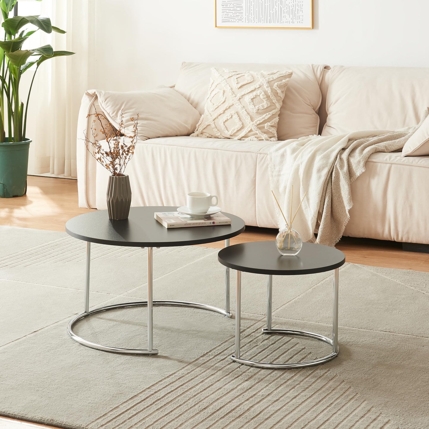 [en.casa] Christchurch Coffee Table, Set of 3, Round Sofa Table, Side Table with Metal Frame, Coffee Table, Marble Look, White/Gold