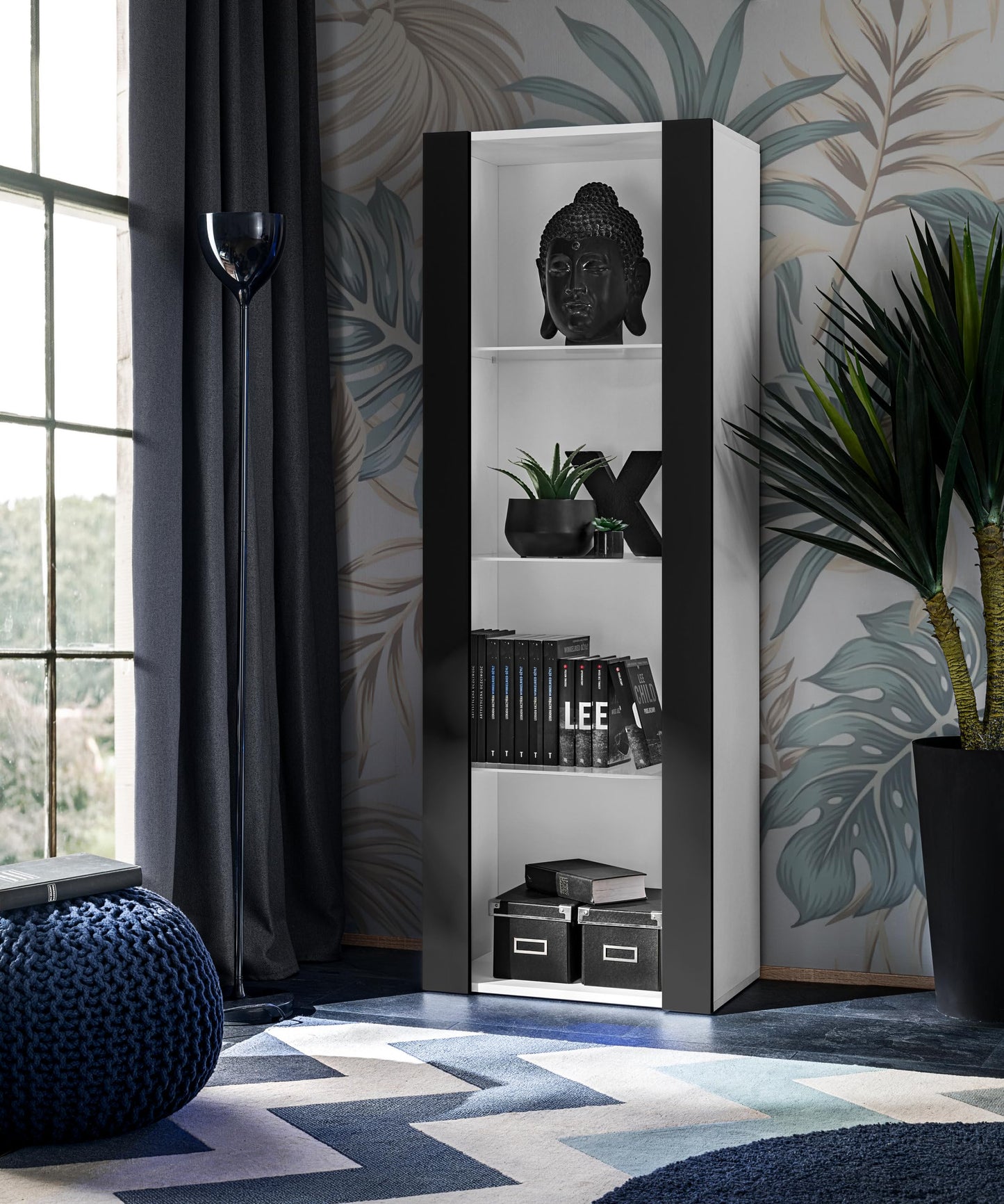 Komodee Tivoli Medio Wall Unit Living Room Set, Black/Black, Width 245 cm x Height 159 cm x Depth 35 cm, LED Blue, for Living Room, Bedroom
