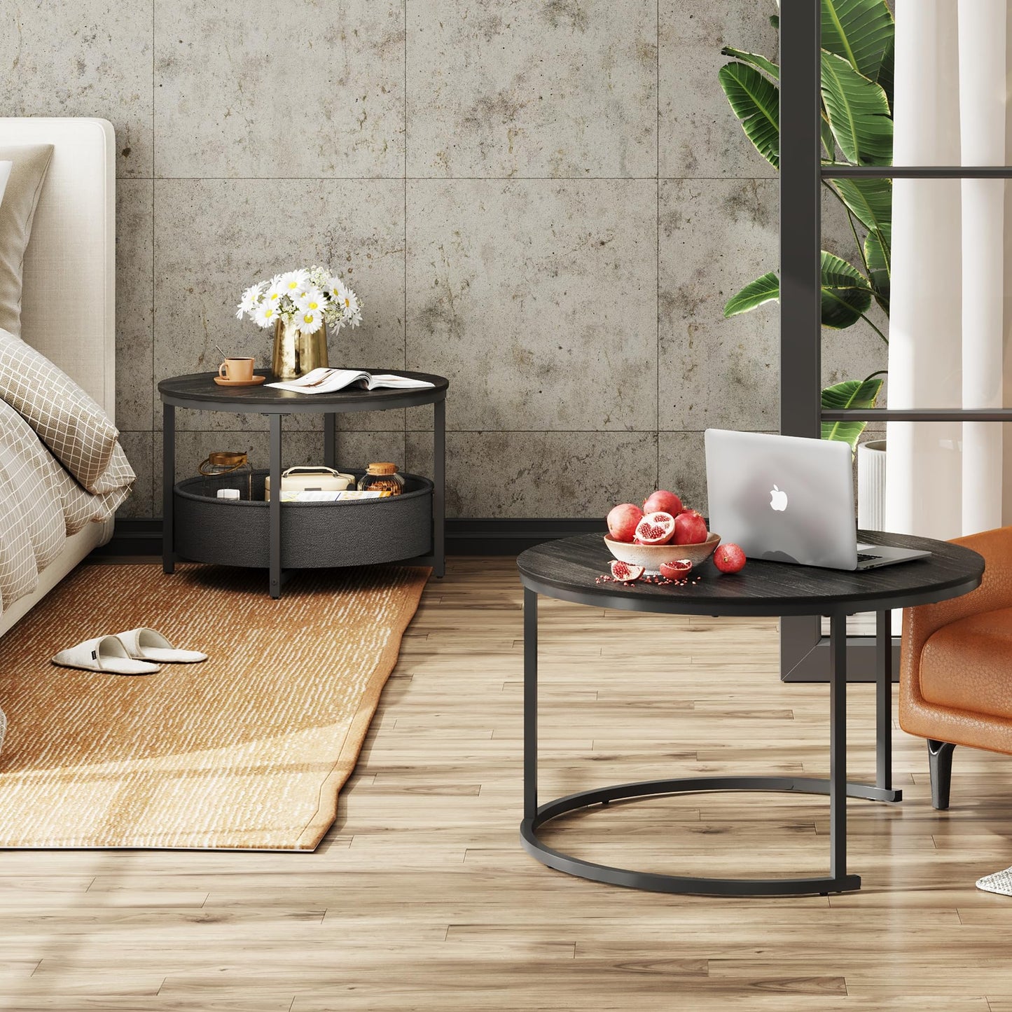 WLIVE Round Coffee Table, Set of 2, Modern Living Room Table, Round, Side Table with Fabric Basket, 80 cm Diameter Couch Table for Bedroom, Home Office (Grey Oak)