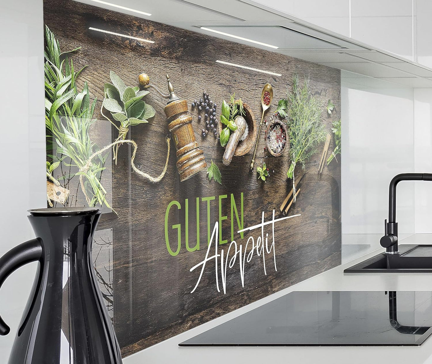 timalo Stove Splash Guard Wall Sink, Kitchen Back Wall Glass Look Acrylic Glass 2 mm Glass Back Wall Acrylic Glass Kitchen Panels Back Wall Protection Plate 60 x 40 cm Herbs Spices Text Guten Appetit
