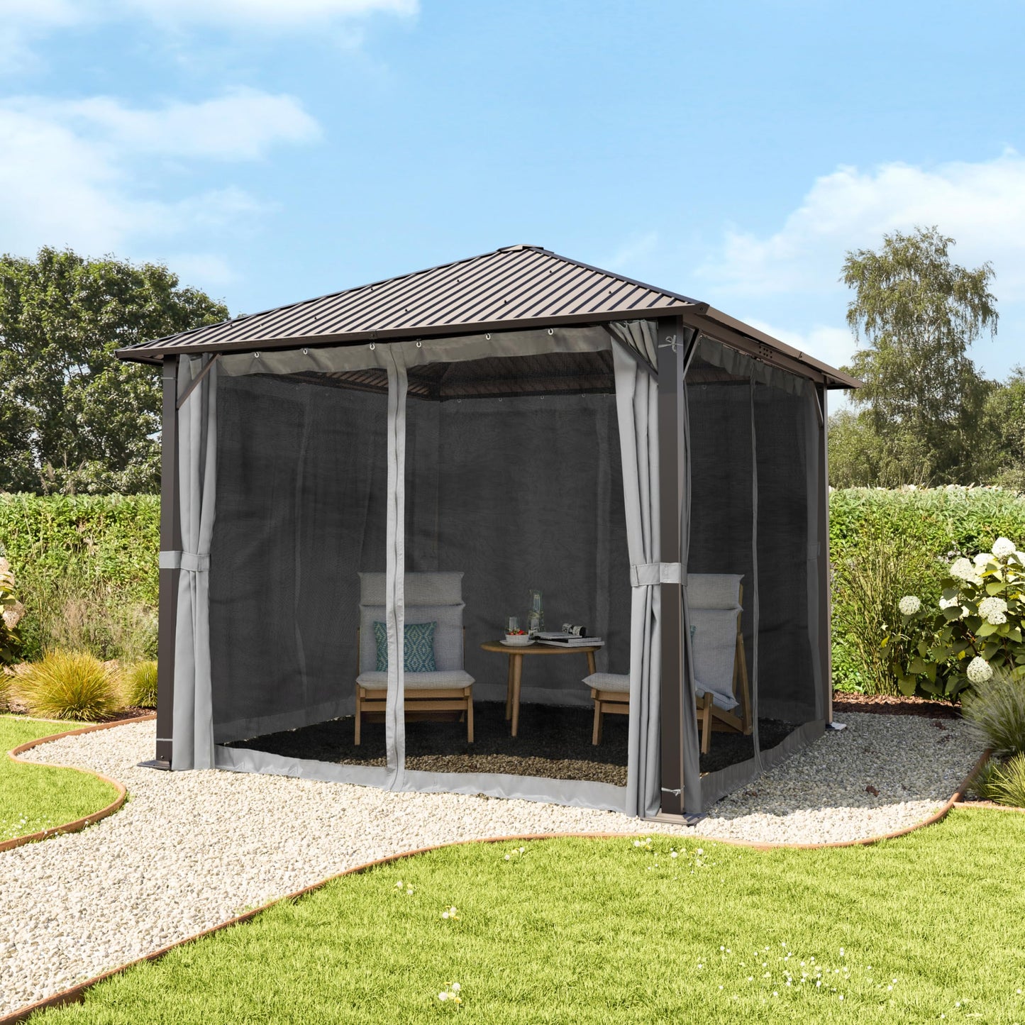 TOOLPORT Garden Gazebo 3 x 3 m with Steel Roof - Hardtop Gazebo with 4 Side Panels and Mosquito Nets in Cream