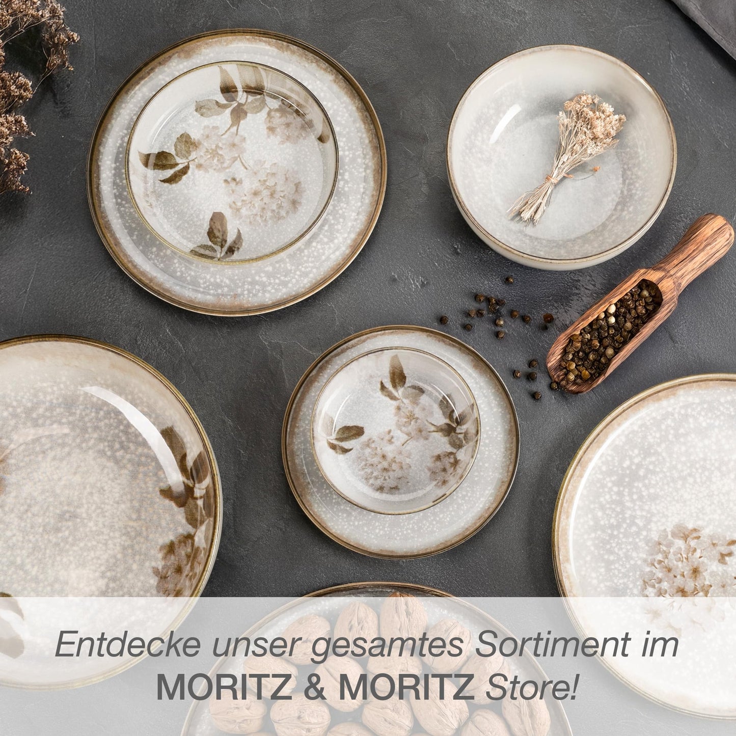 Moritz & Moritz BLOSSOM 18-Piece Crockery Set for 6 People, Elegant Plate Set Made of High-Quality Porcelain with Floral Design, Crockery Set of 6 x Dinner Plates, 6 x Dessert Plates, 6 x Soup Plates