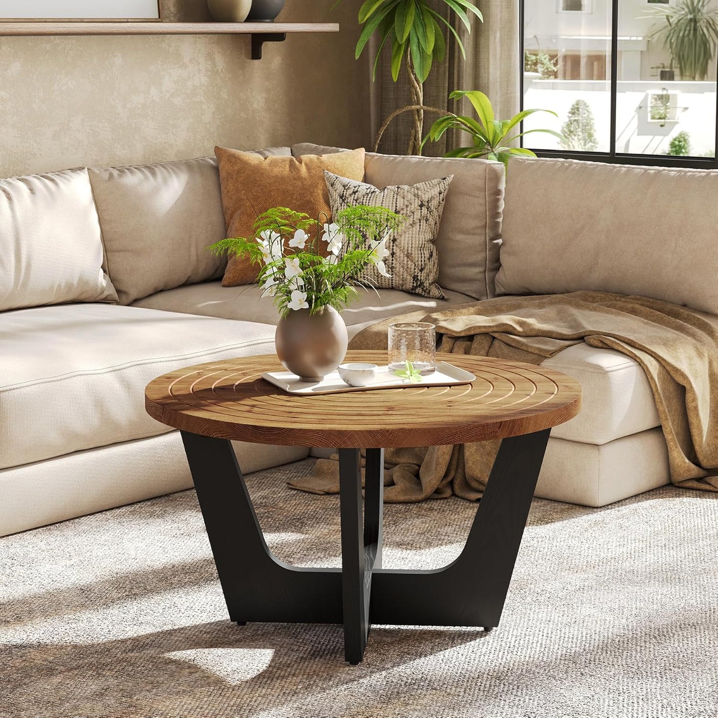 Round Solid Wood Coffee Table, Farmhouse 80 cm Small Coffee Table with Ring Groove, Living Room, Small Space, Brown and Black