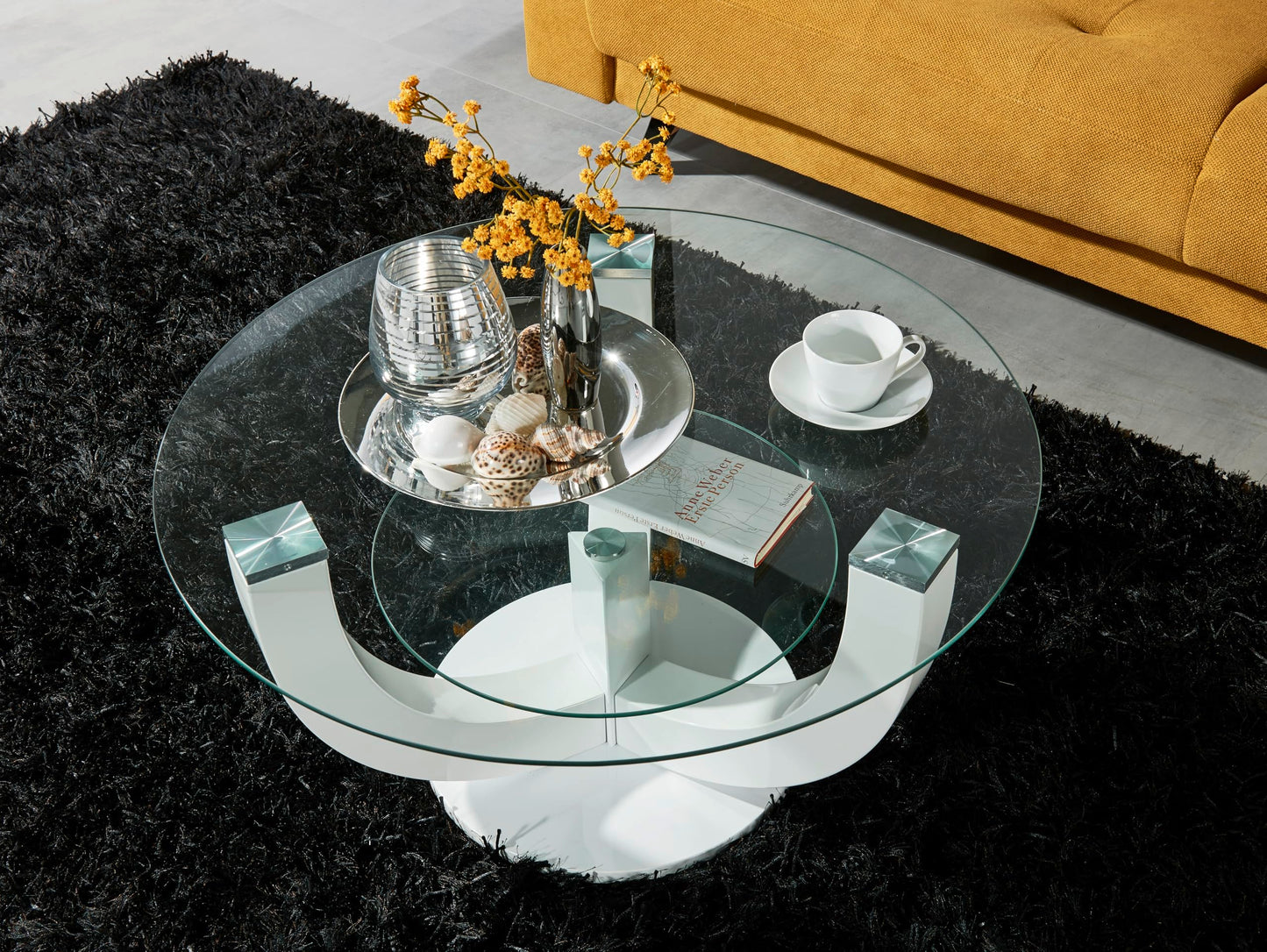 Stella Trading Glass Coffee Table in High Gloss White - Stylish Glass Table with Shelf and Curved Frame in U-Shaped for Your Living Area - 110 x 40 x 60 cm (W x H x D)